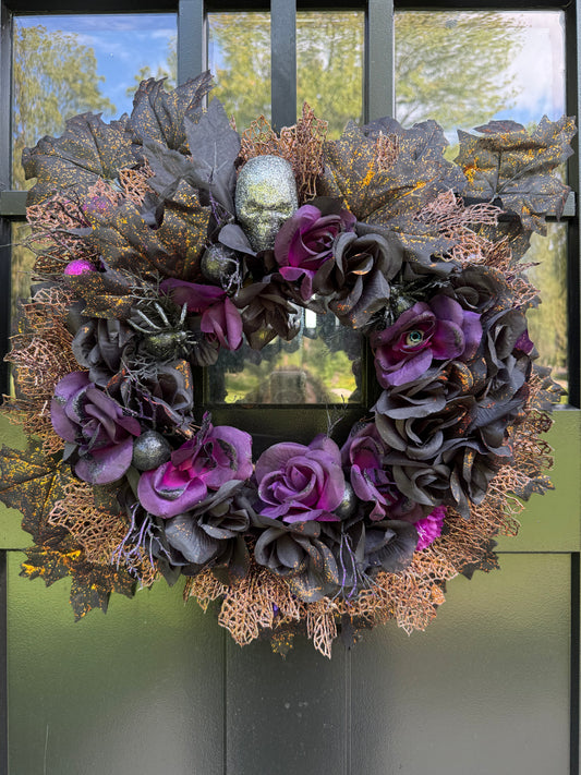 Gothic Halloween Black Purple Floral Wreath: Skull and Spider Decor