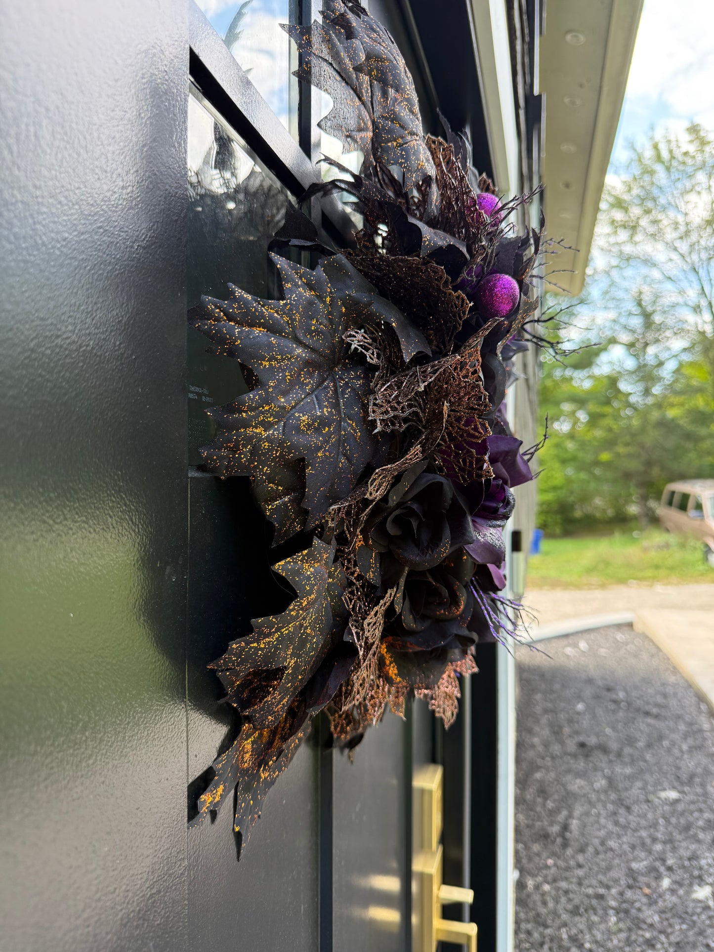 Gothic Halloween Black Purple Floral Wreath: Skull and Spider Decor