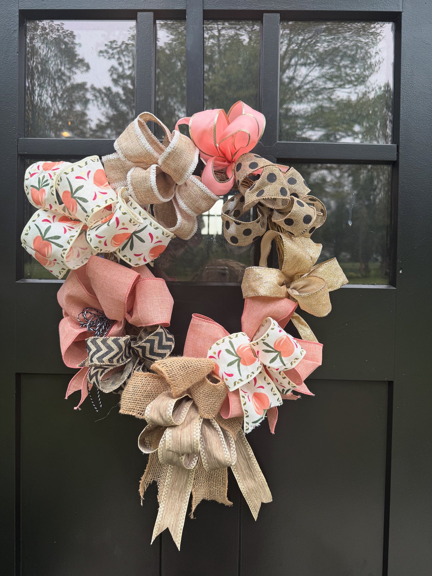 Pink, Peach and Burlap Handmade Bows Wreath - Front Door Farmhouse Wreath - Bows Home Decor, Wall Decor or Door Decor