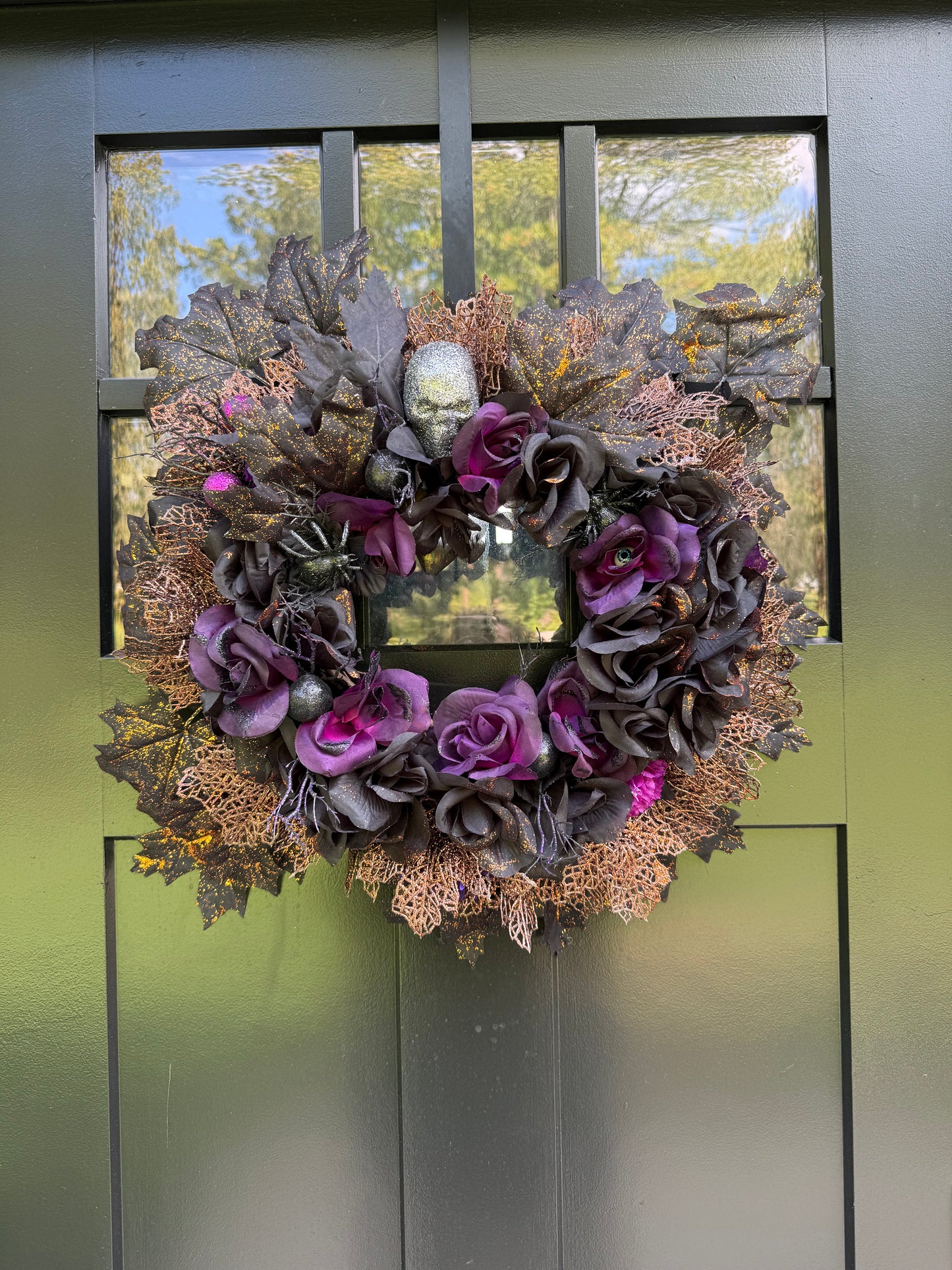 Gothic Halloween Black Purple Floral Wreath: Skull and Spider Decor