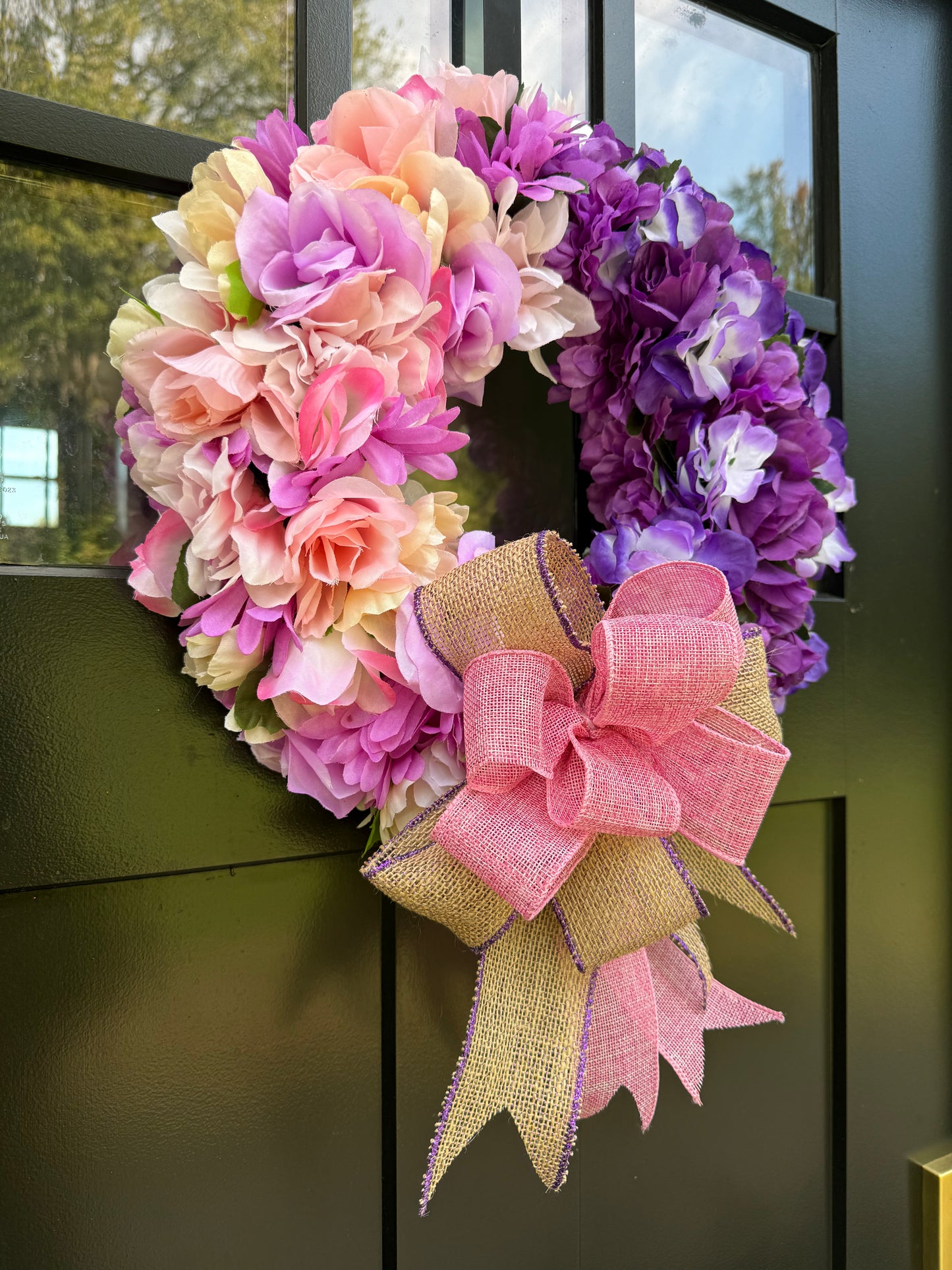 Handmade Floral Door Wreath - Pink, Peach, Purple Roses & Hydrangeas - Summer/Spring Decor - Gift for her - Housewarming gift