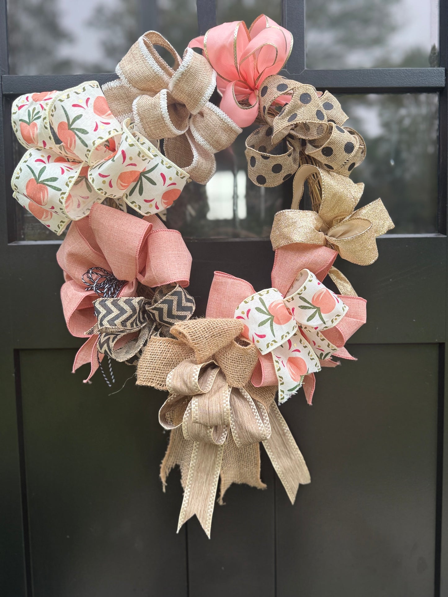 Pink, Peach and Burlap Handmade Bows Wreath - Front Door Farmhouse Wreath - Bows Home Decor, Wall Decor or Door Decor