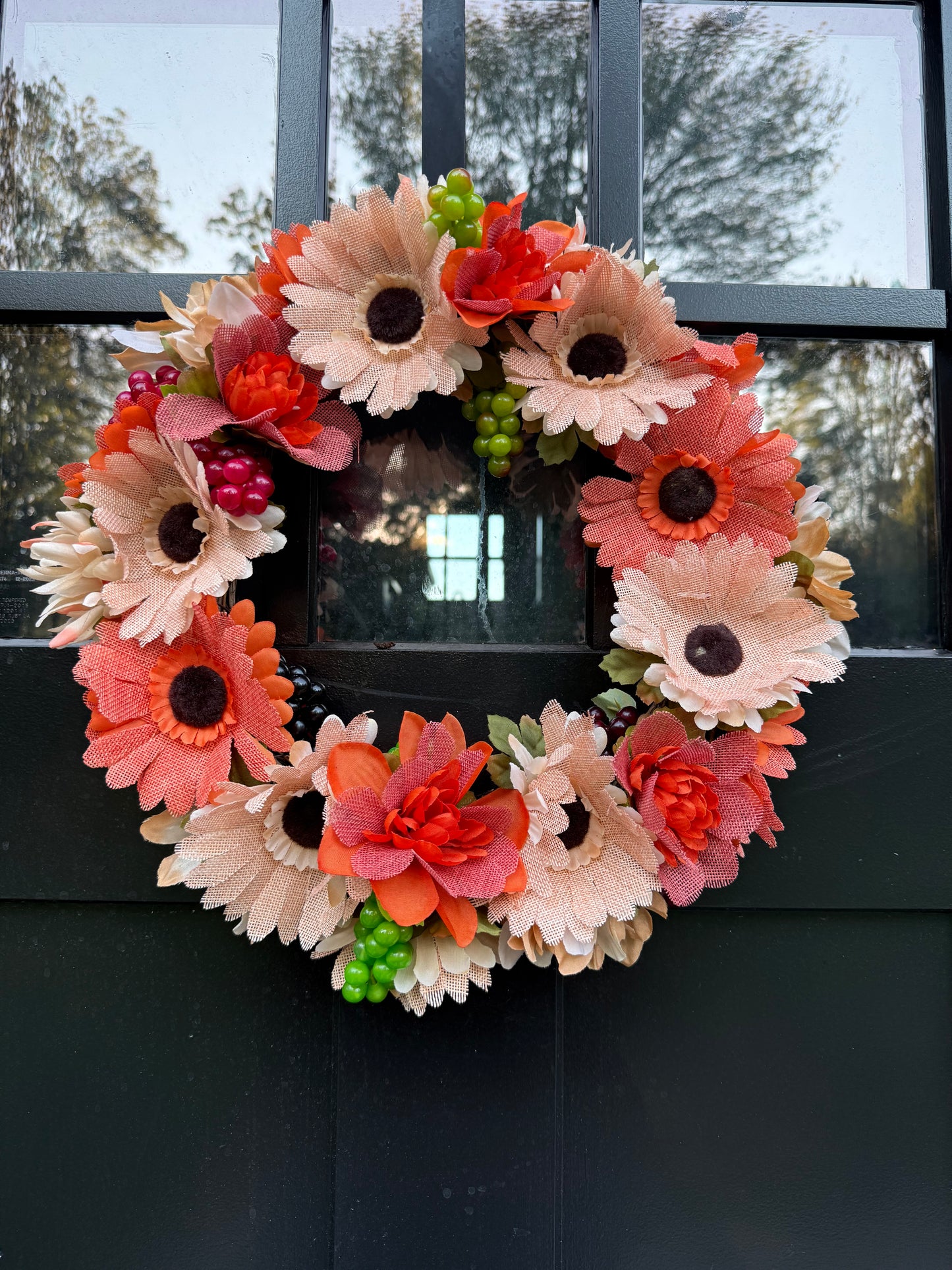 Daisy Fall Harvest Wreath with Purple and Green Faux Grapes - Year Round Front Door Wreath - All Seasons Door Decor