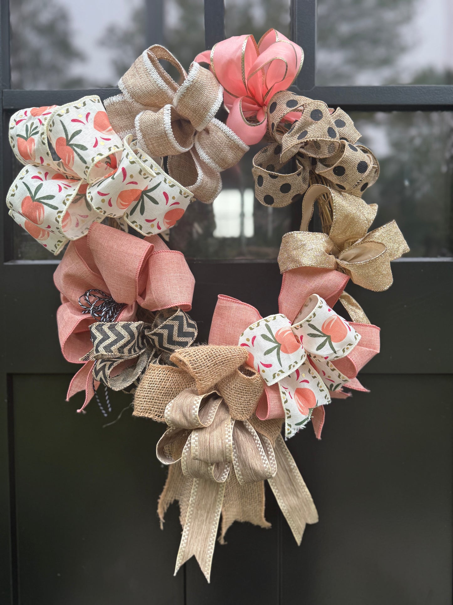 Pink, Peach and Burlap Handmade Bows Wreath - Front Door Farmhouse Wreath - Bows Home Decor, Wall Decor or Door Decor