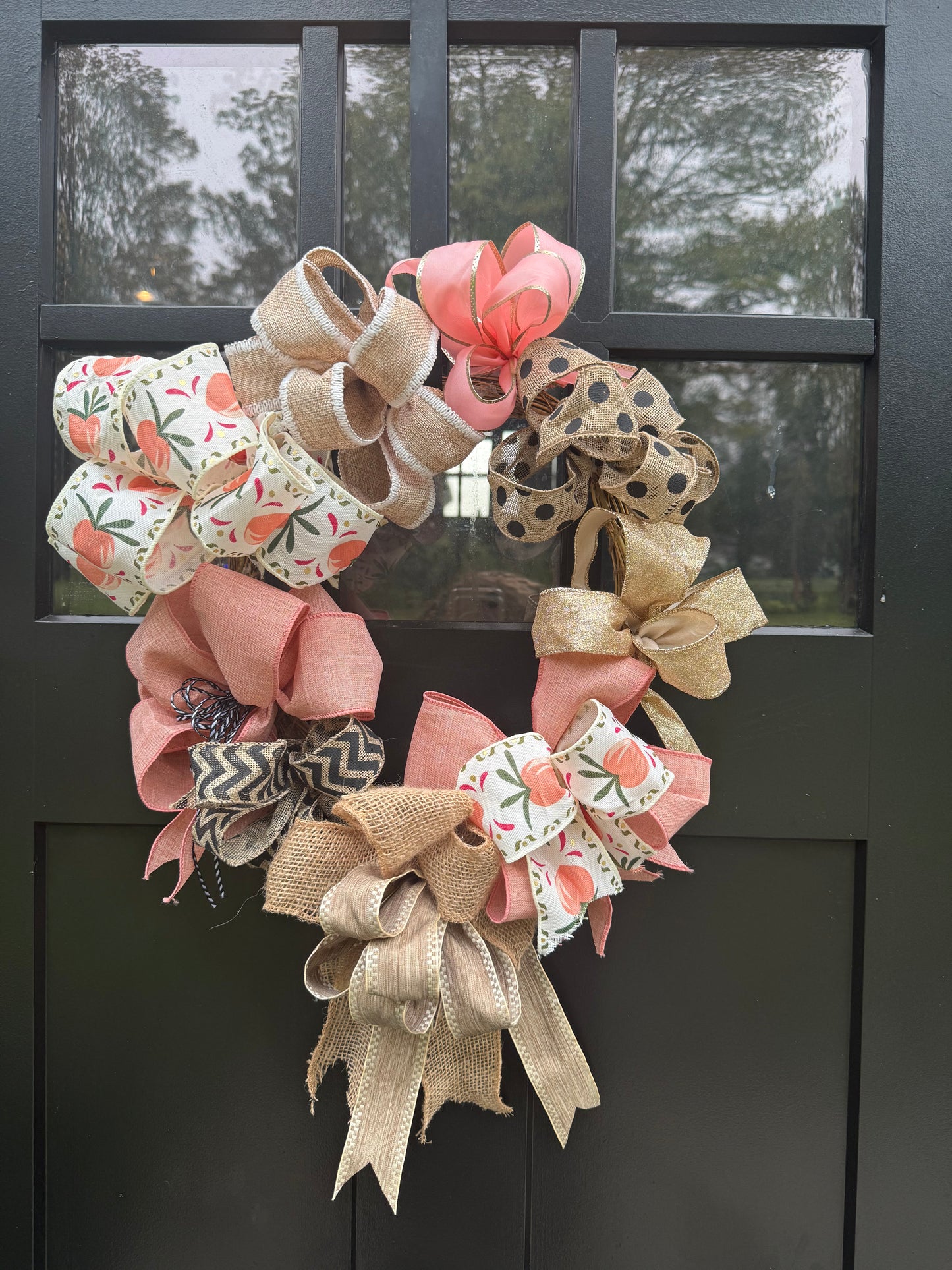 Pink, Peach and Burlap Handmade Bows Wreath - Front Door Farmhouse Wreath - Bows Home Decor, Wall Decor or Door Decor