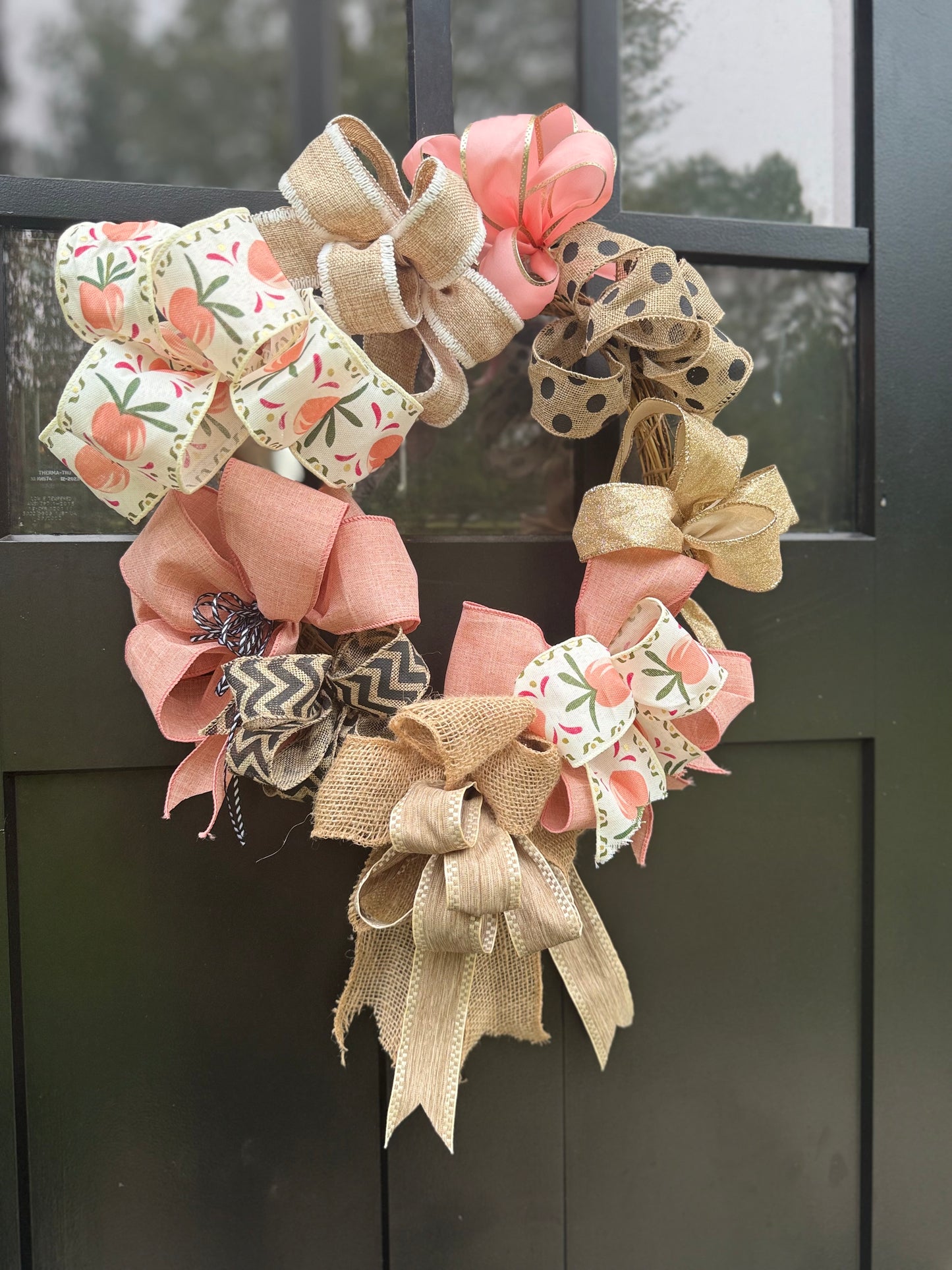 Pink, Peach and Burlap Handmade Bows Wreath - Front Door Farmhouse Wreath - Bows Home Decor, Wall Decor or Door Decor