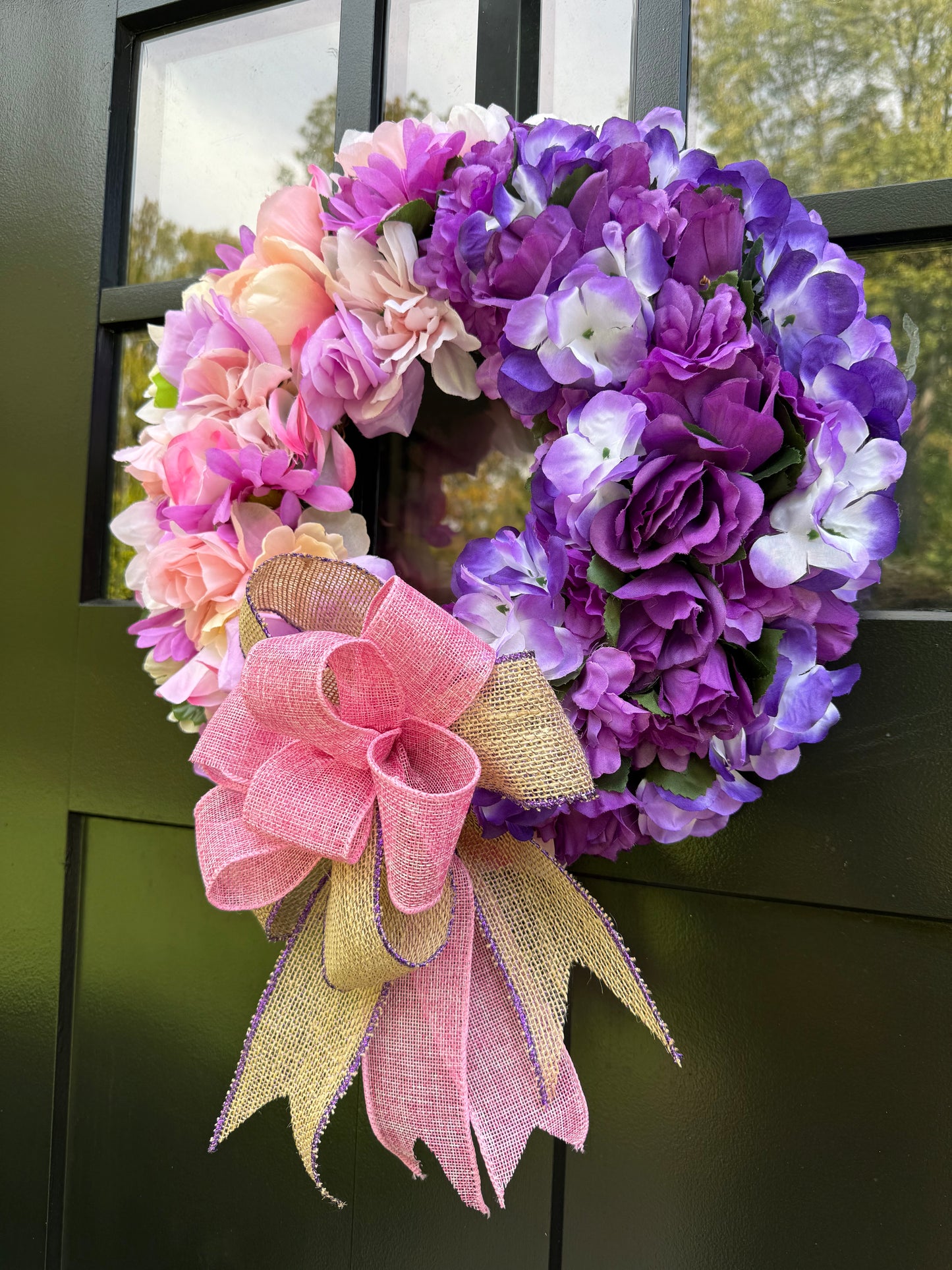 Handmade Floral Door Wreath - Pink, Peach, Purple Roses & Hydrangeas - Summer/Spring Decor - Gift for her - Housewarming gift