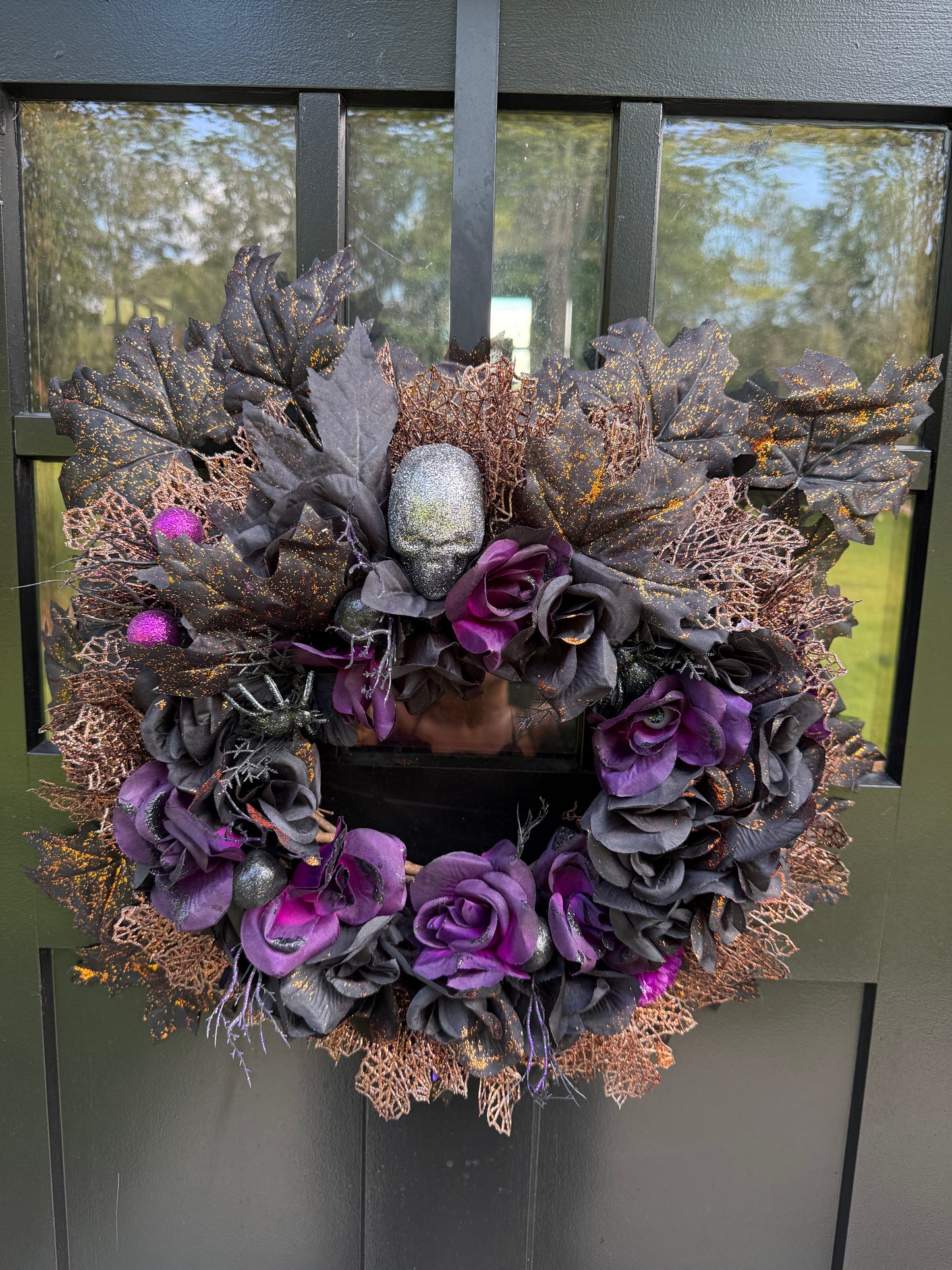 Gothic Halloween Black Purple Floral Wreath: Skull and Spider Decor