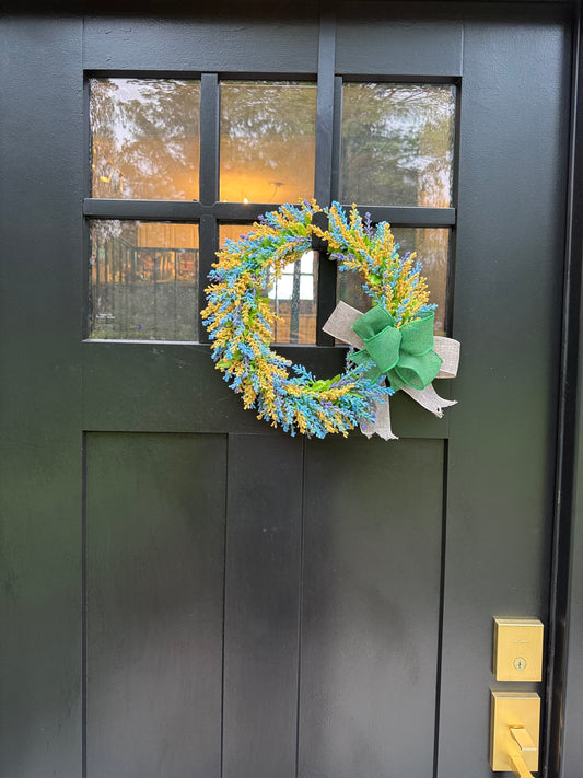 Blue & Yellow Floral Wreath: Spring Door Decor with Green Bow