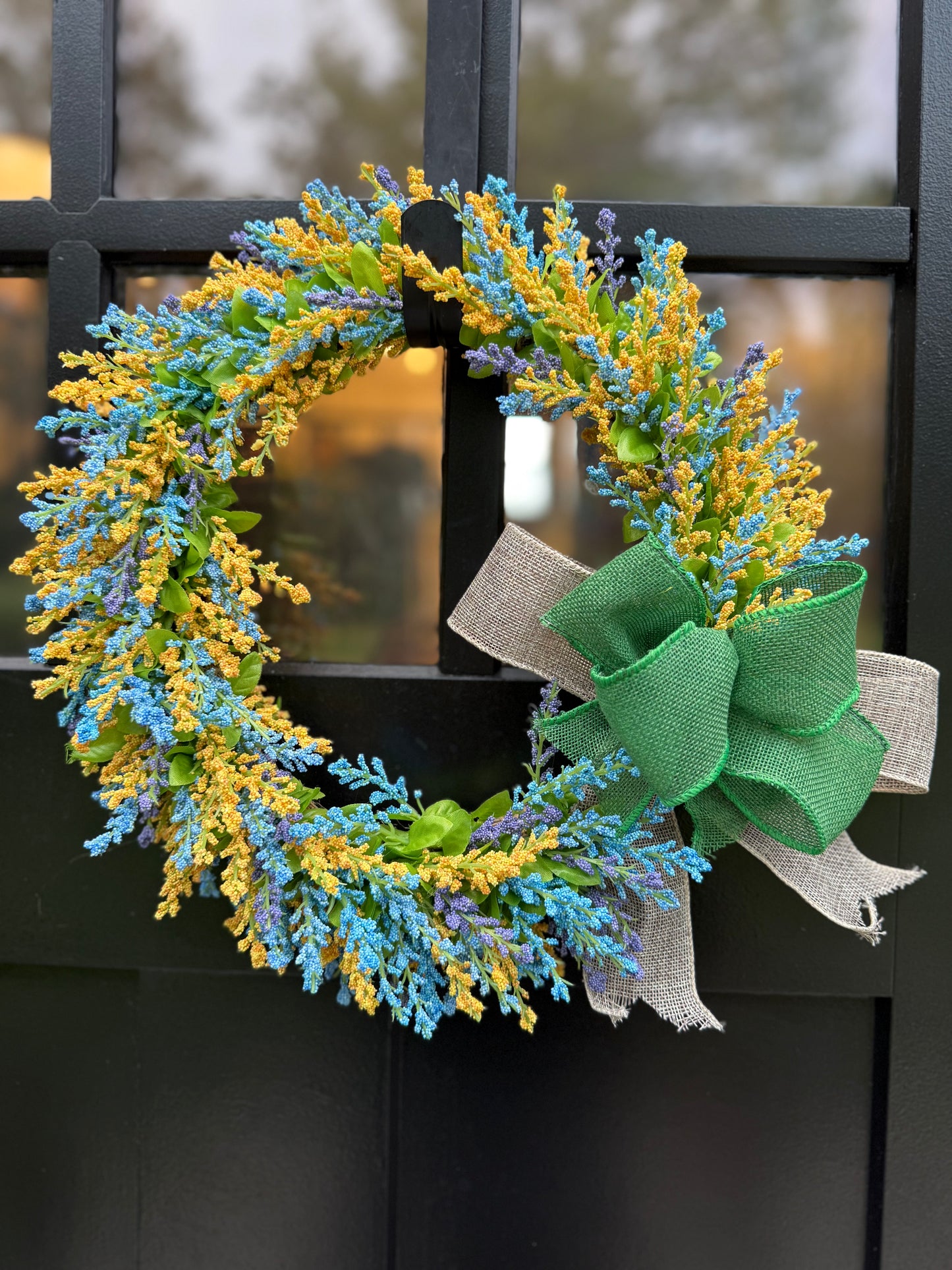 Blue & Yellow Floral Wreath: Spring Door Decor with Green Bow