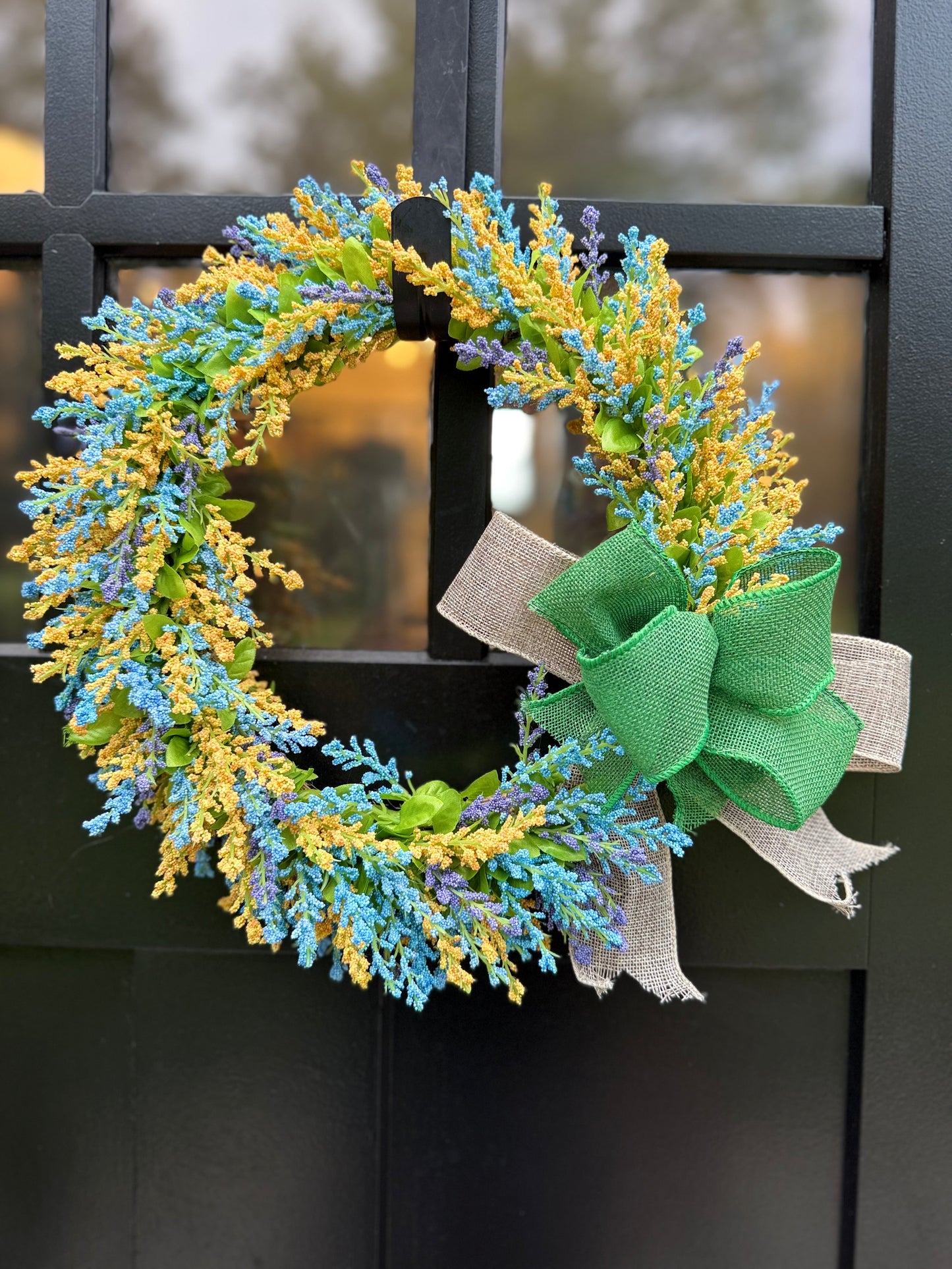 Blue & Yellow Floral Wreath: Spring Door Decor with Green Bow