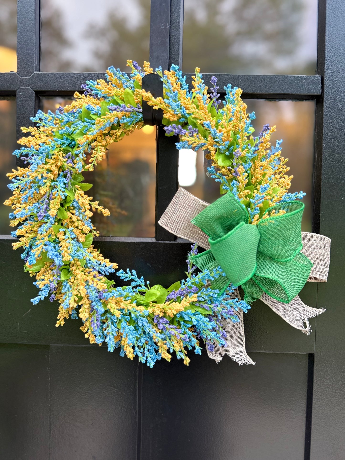 Blue & Yellow Floral Wreath: Spring Door Decor with Green Bow