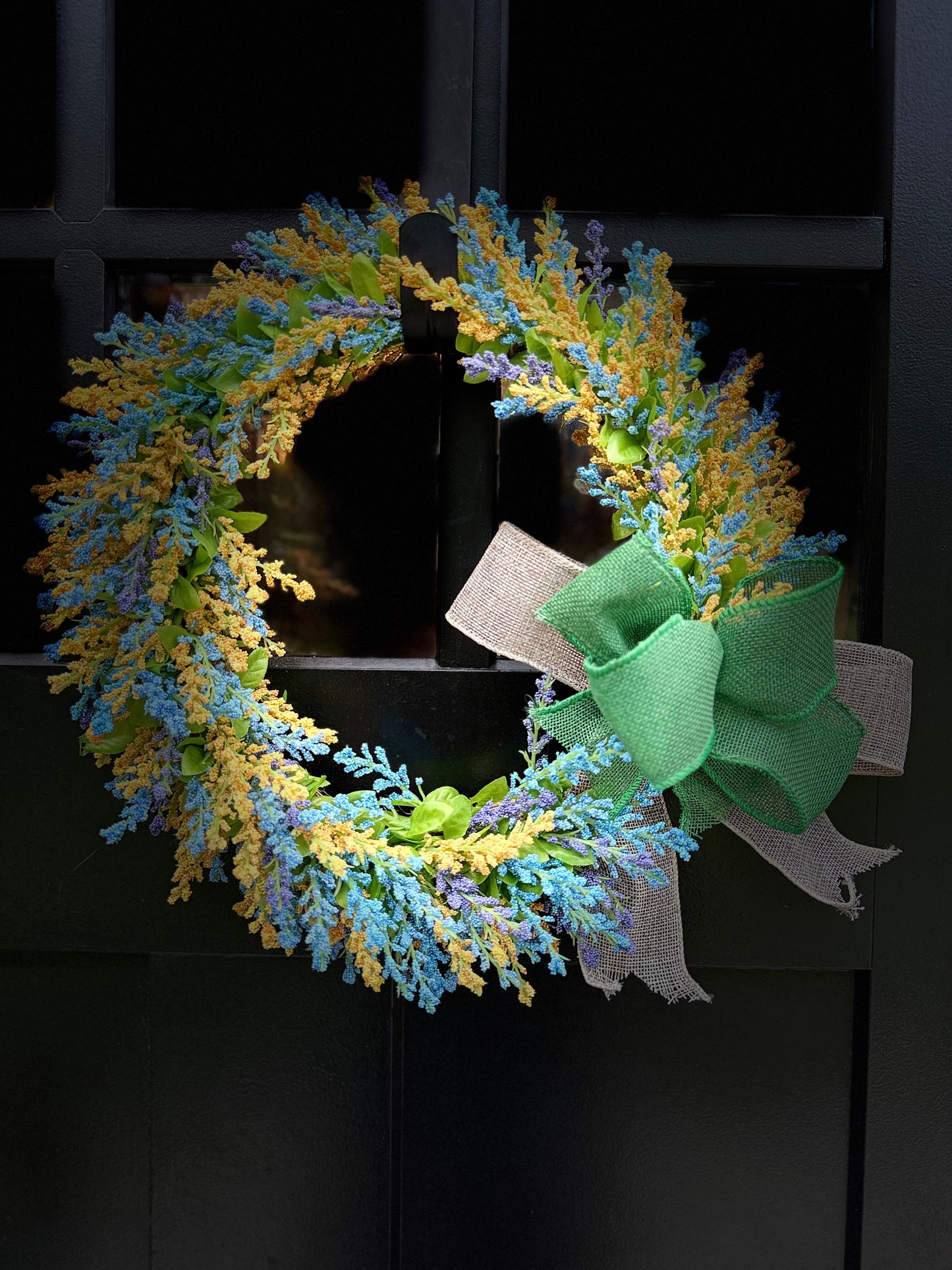 Blue & Yellow Floral Wreath: Spring Door Decor with Green Bow