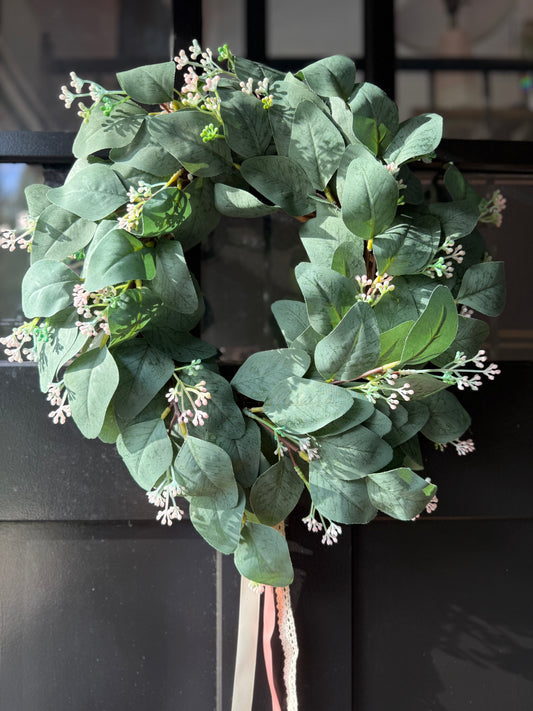 Eucalyptus Wreath with Pink Flowers: Year-Round Farmhouse Door Decor