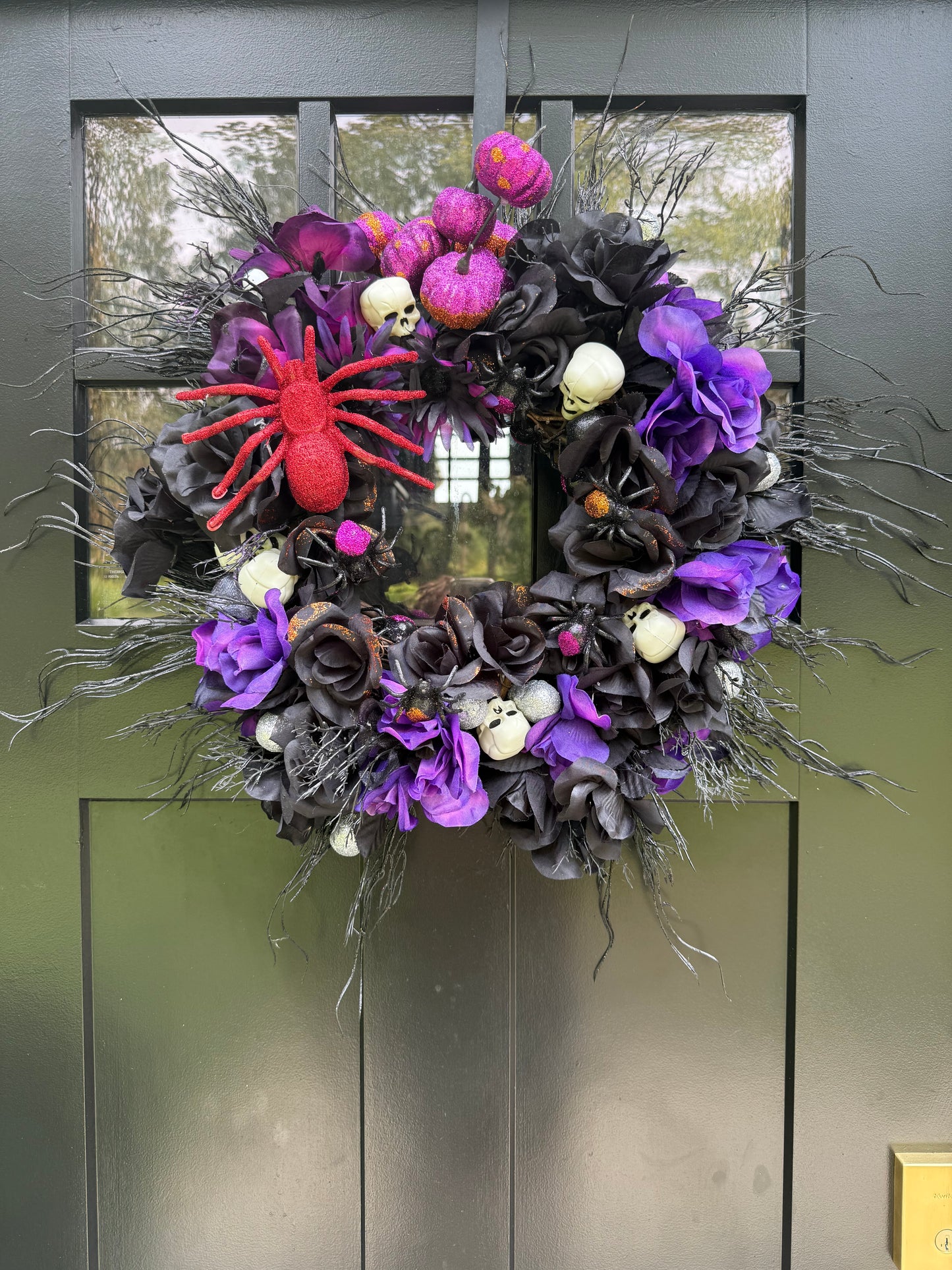 Gothic Halloween Wreath: Purple Black Flowers, Skulls & Red Spider
