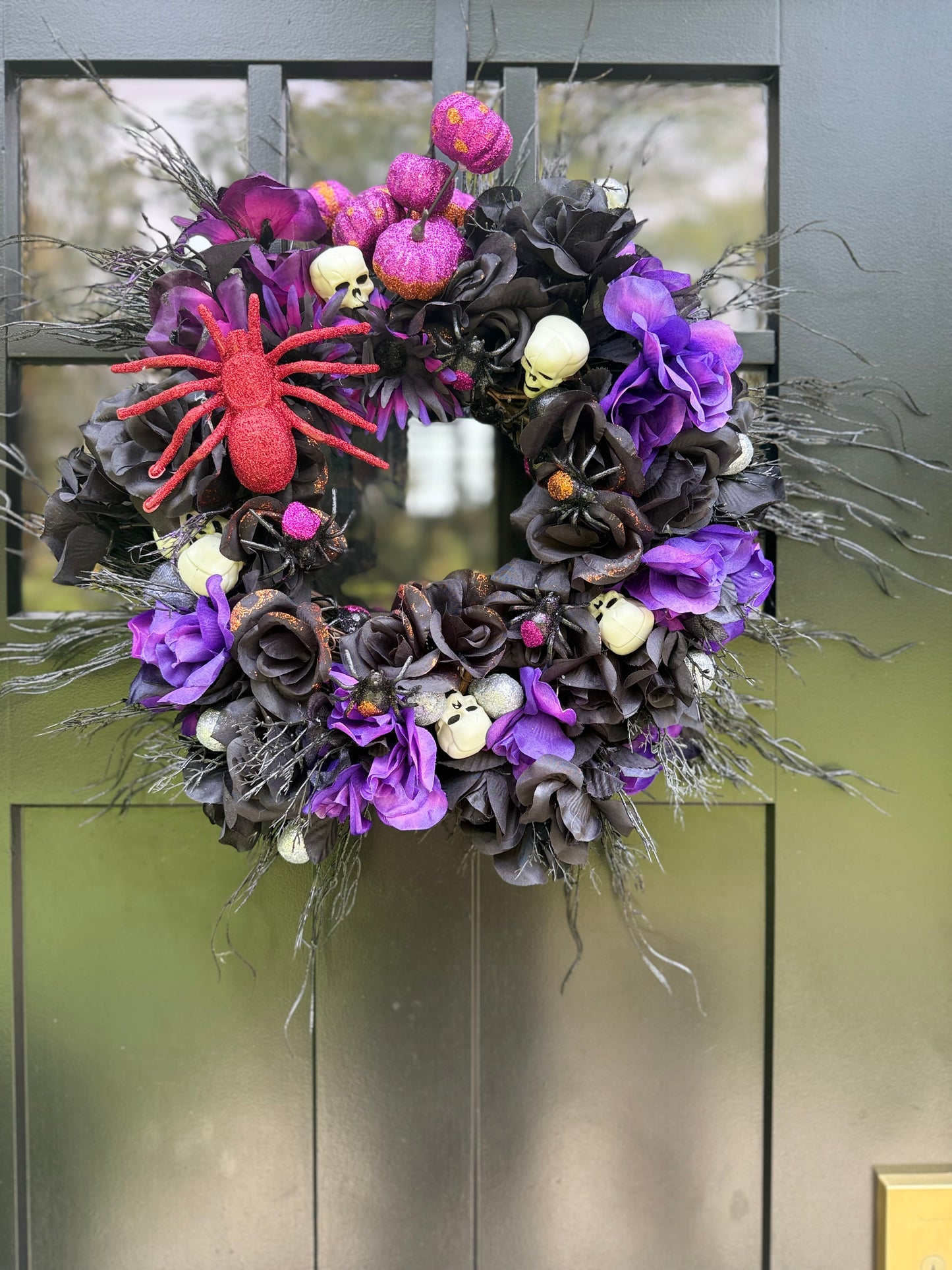 Gothic Halloween Wreath: Purple Black Flowers, Skulls & Red Spider