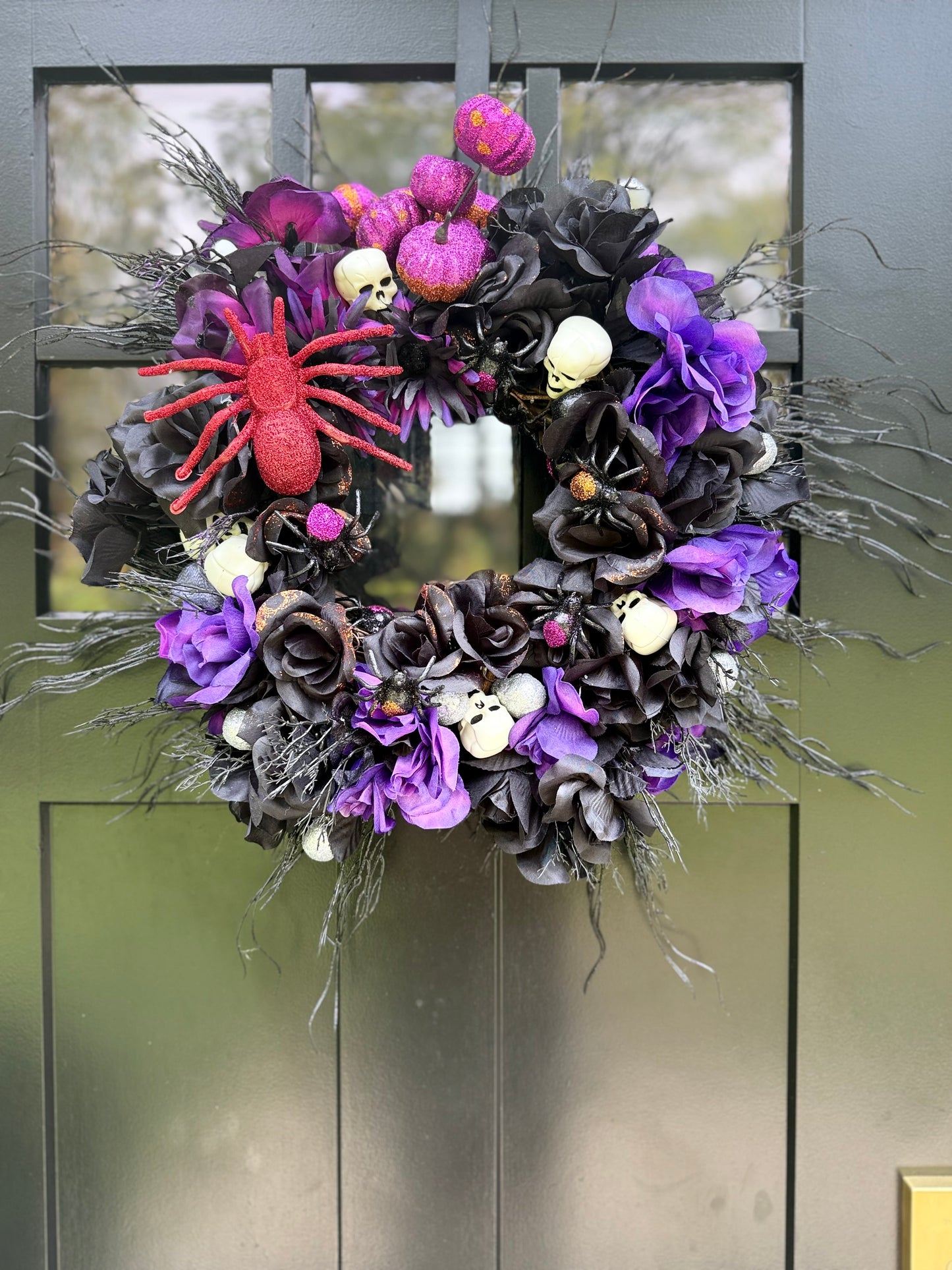 Gothic Halloween Wreath: Purple Black Flowers, Skulls & Red Spider