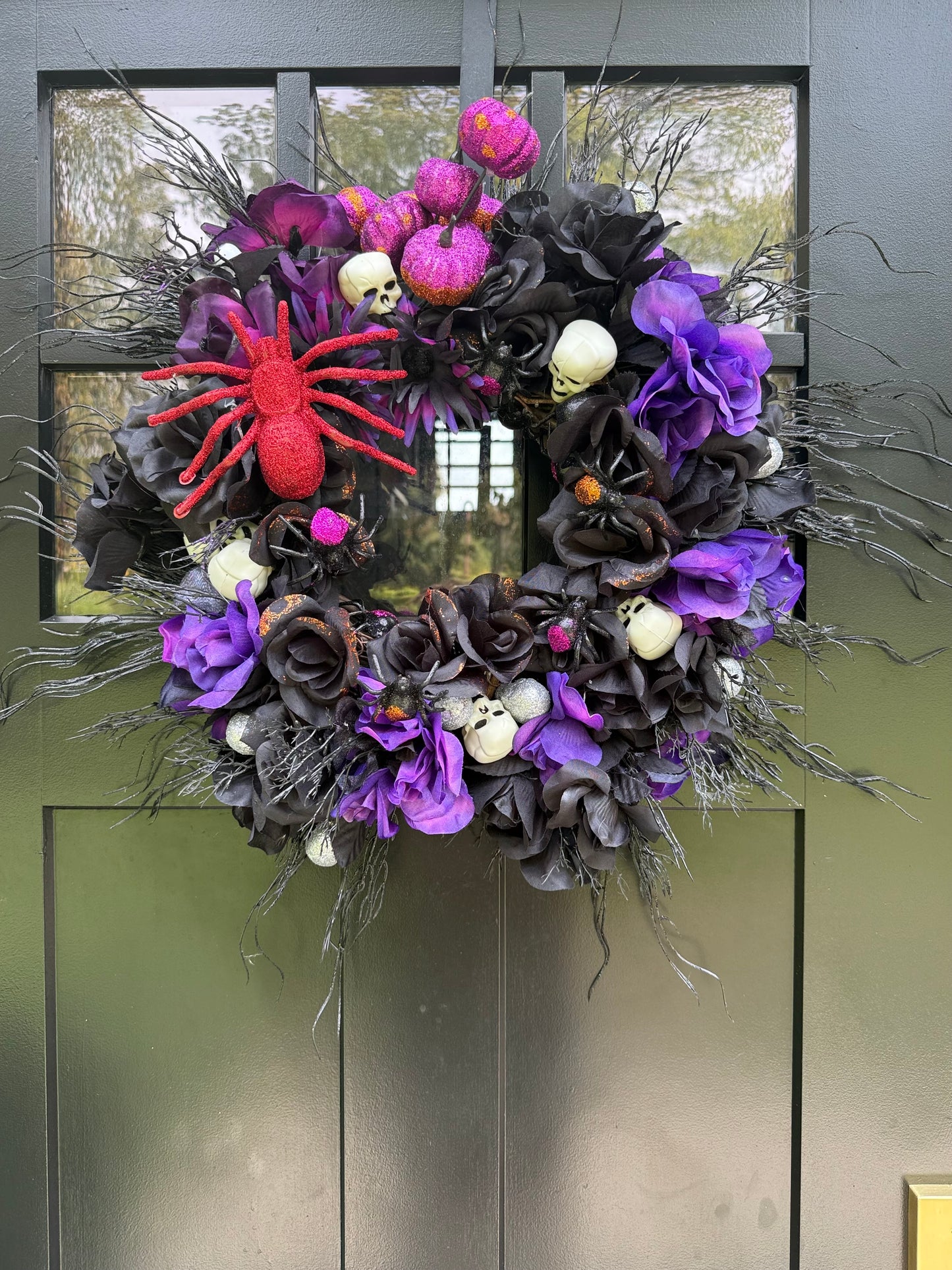 Gothic Halloween Wreath: Purple Black Flowers, Skulls & Red Spider