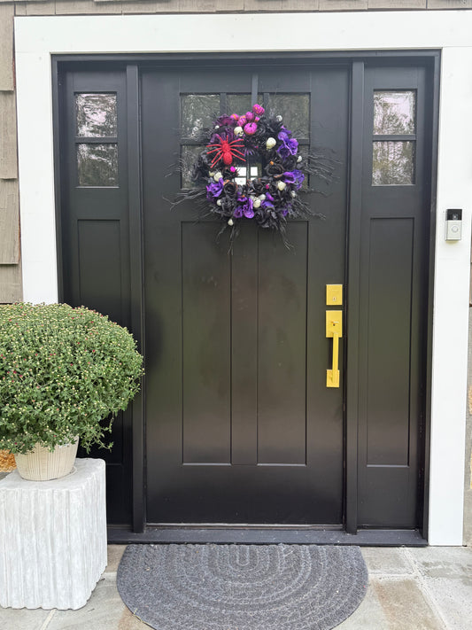 Gothic Halloween Wreath: Purple Black Flowers, Skulls & Red Spider