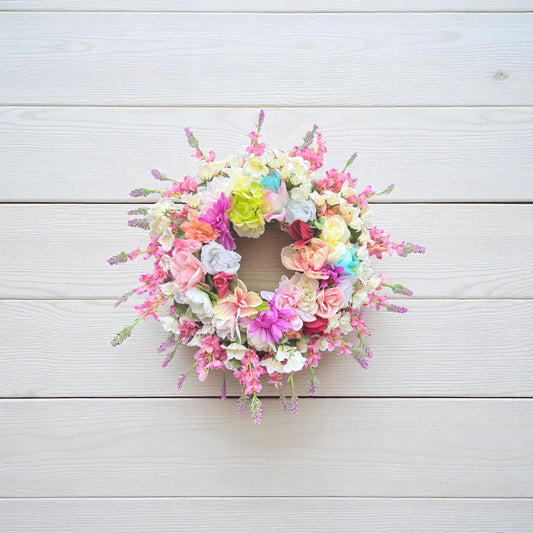 Handmade Floral Wreath Front Door Pink, White & Multicolored Faux Flowers Decor - Vibrant & Colorful Spring Summer Wreath