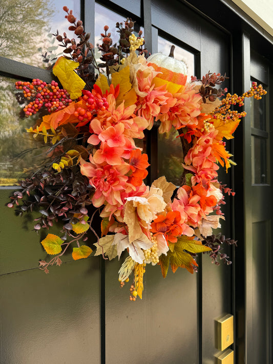 Thanksgiving Front Door Wreath - Harvest Fall Decor - Faux pumpkin Floral Thanksgiving Door Decor