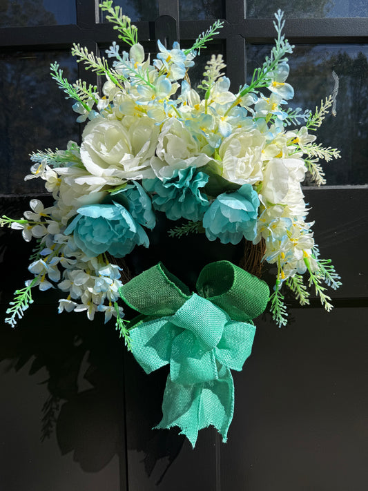 Aqua and White Floral Wreath for Front Door | Spring Summer Wreath | Farmhouse Cottage Decor | Peony & Rose Grapevine Wreath | Everyday Wreath with Bow | Gift for Mom
