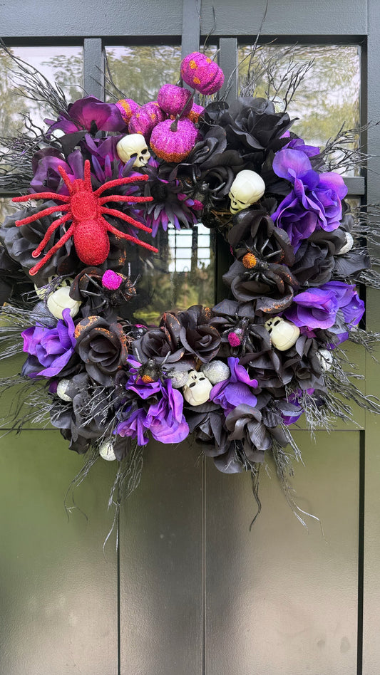 Gothic Halloween Wreath: Purple Black Flowers, Skulls & Red Spider