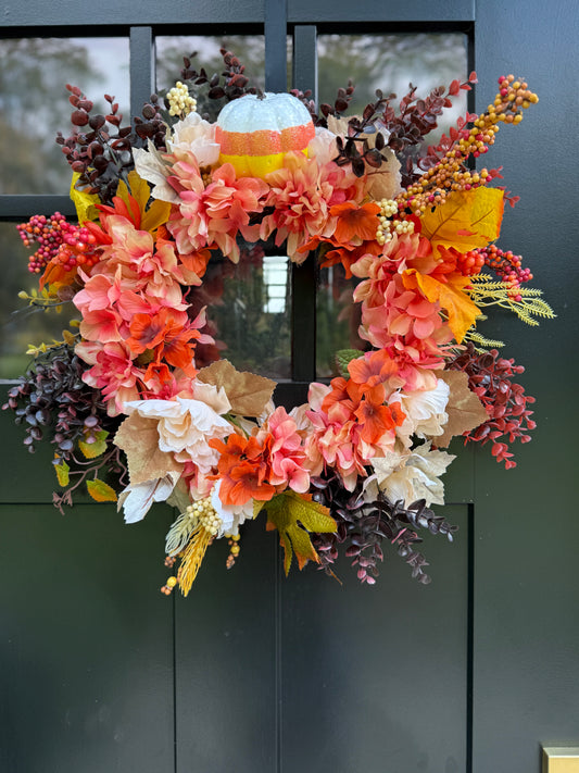 Thanksgiving Front Door Wreath - Harvest Fall Decor - Faux pumpkin Floral Thanksgiving Door Decor