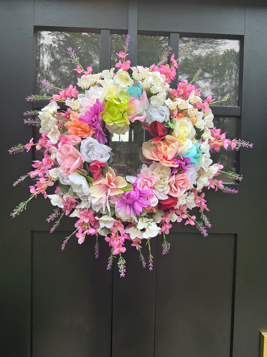 Handmade Floral Wreath Front Door Pink, White & Multicolored Faux Flowers Decor - Vibrant & Colorful Spring Summer Wreath