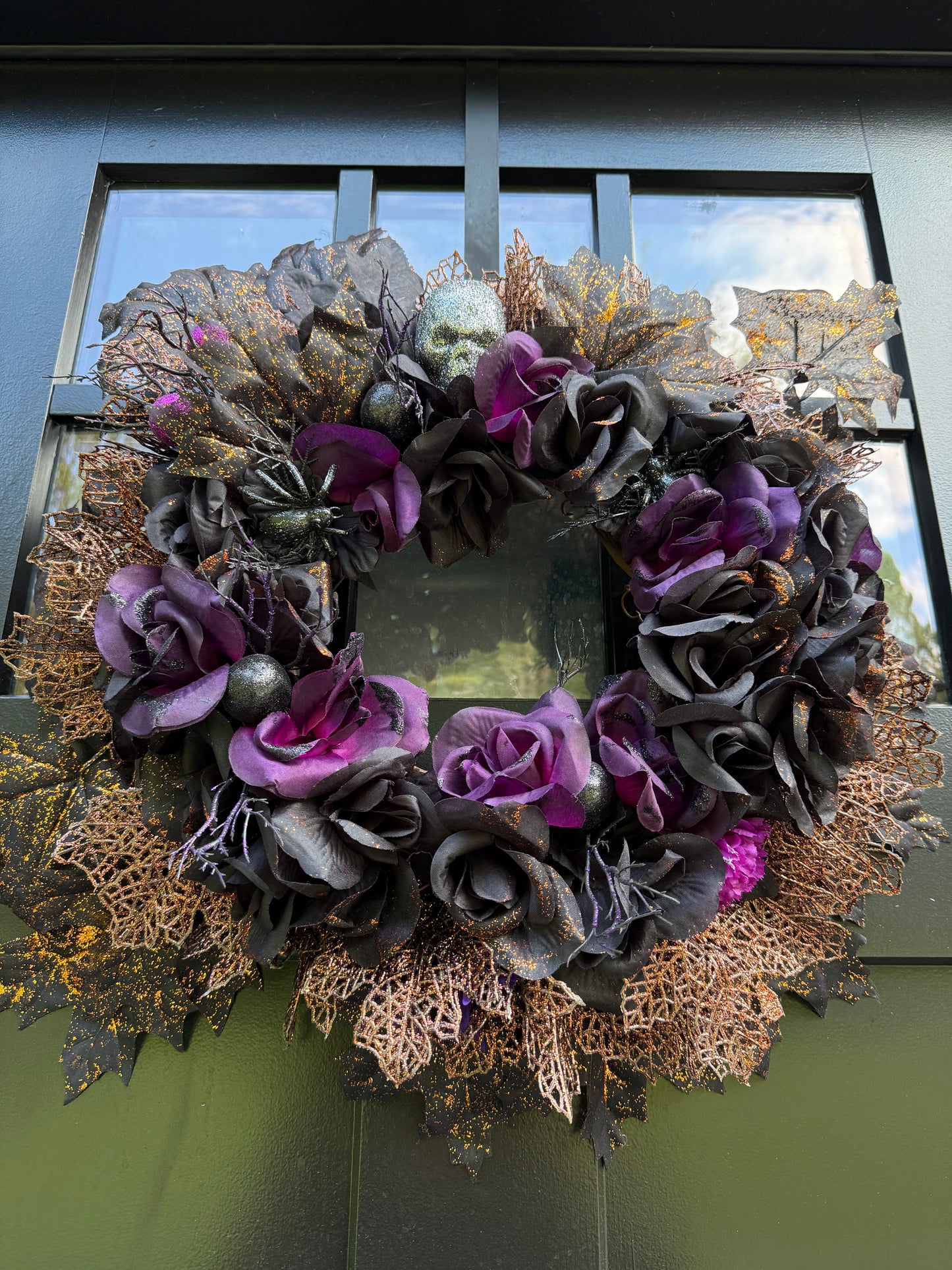 Gothic Halloween Black Purple Floral Wreath: Skull and Spider Decor