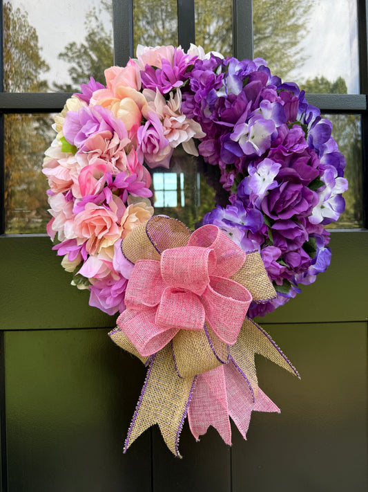 Handmade Floral Door Wreath - Pink, Peach, Purple Roses & Hydrangeas - Summer/Spring Decor - Gift for her - Housewarming gift