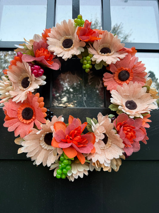 Daisy Fall Harvest Wreath with Purple and Green Faux Grapes - Year Round Front Door Wreath - All Seasons Door Decor