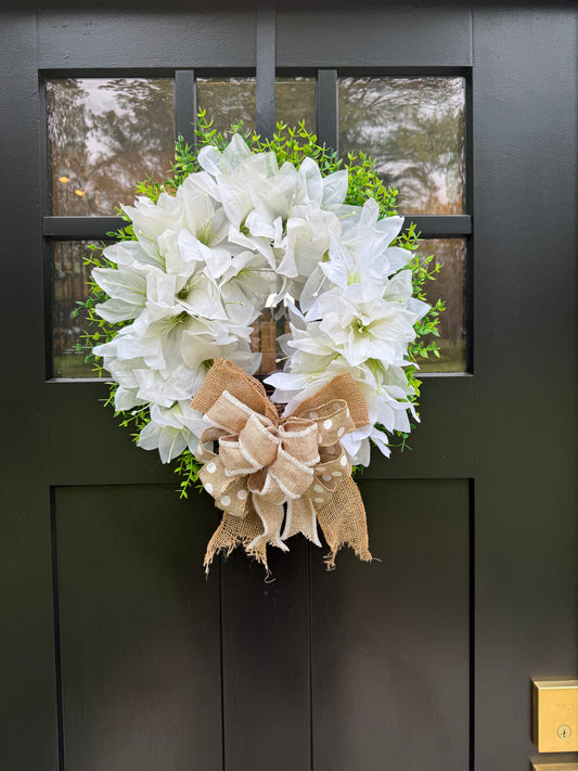 White Floral Burlap Bow Wreath - Farmhouse Rustic Front Door Decor