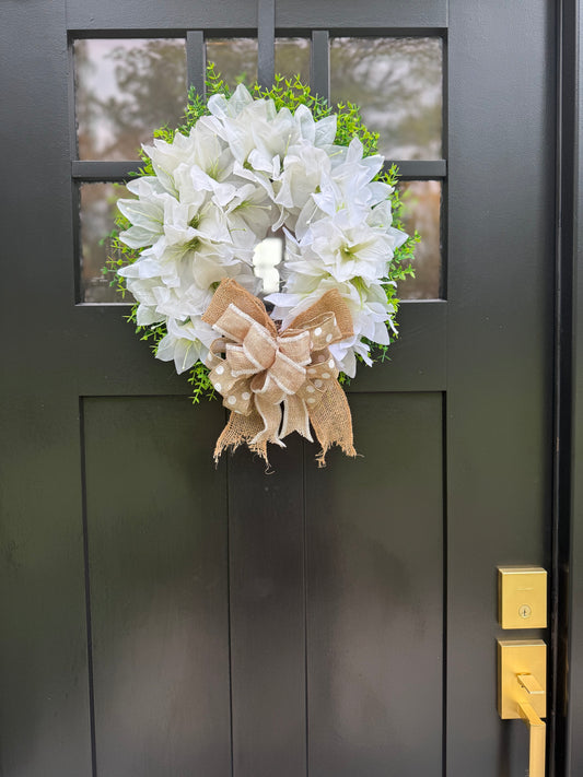 White Floral Burlap Bow Wreath - Farmhouse Rustic Front Door Decor