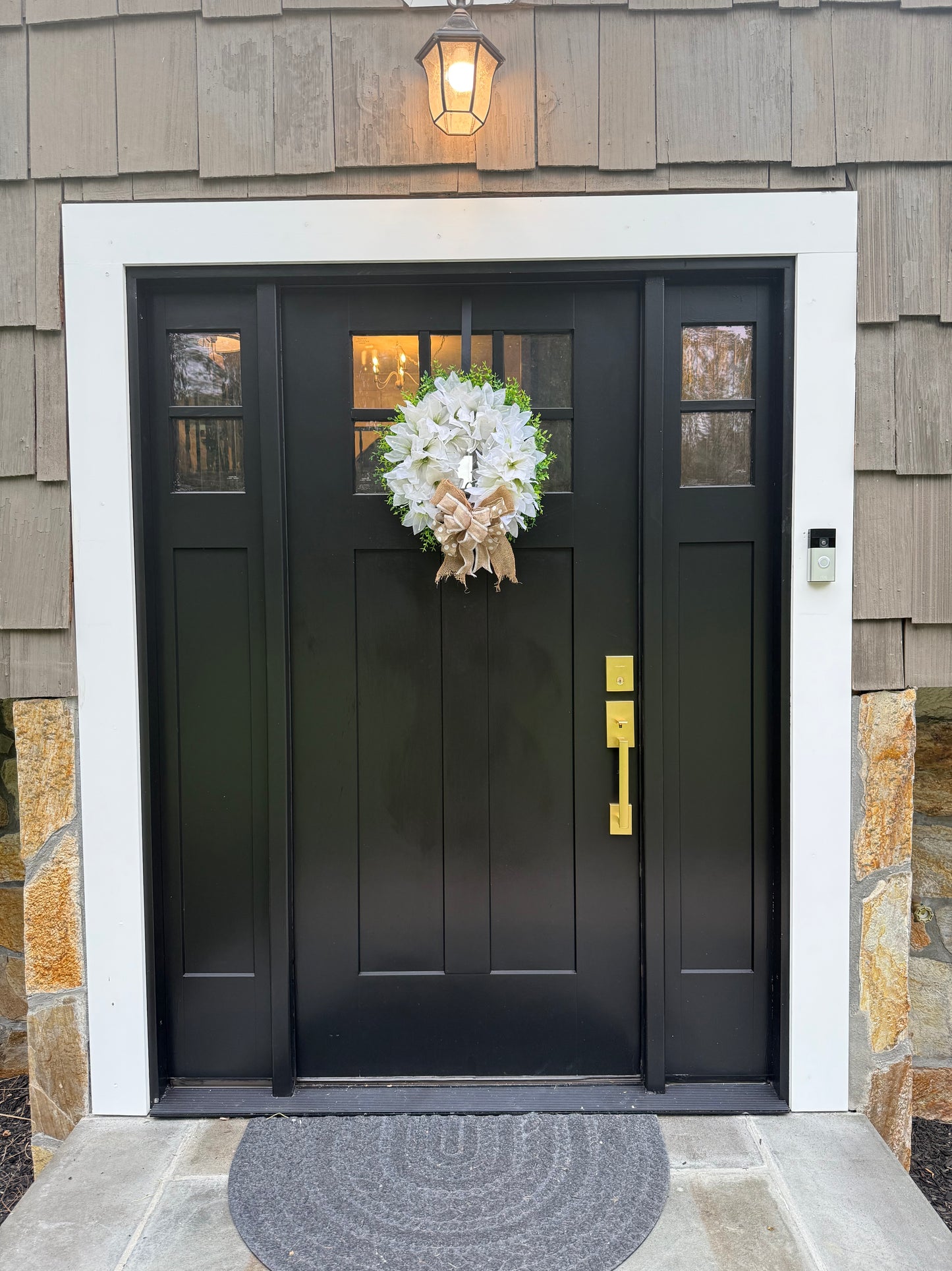 White Floral Burlap Bow Wreath - Farmhouse Rustic Front Door Decor