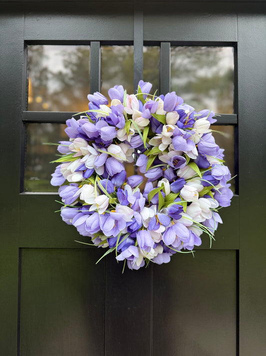 Purple & White Tulip Wreath - Spring Elegant Door Decor - Summer Floral Wreaths