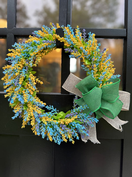 Blue & Yellow Floral Wreath: Spring Door Decor with Green Bow