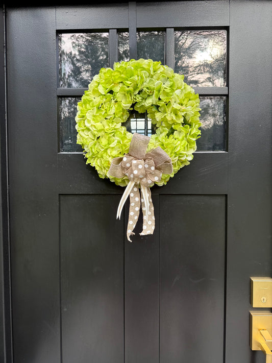 Green Hydrangea Wreath - Farmhouse Door Decor - All Seasons Front Door Wreaths - Burlap Handmade Bow