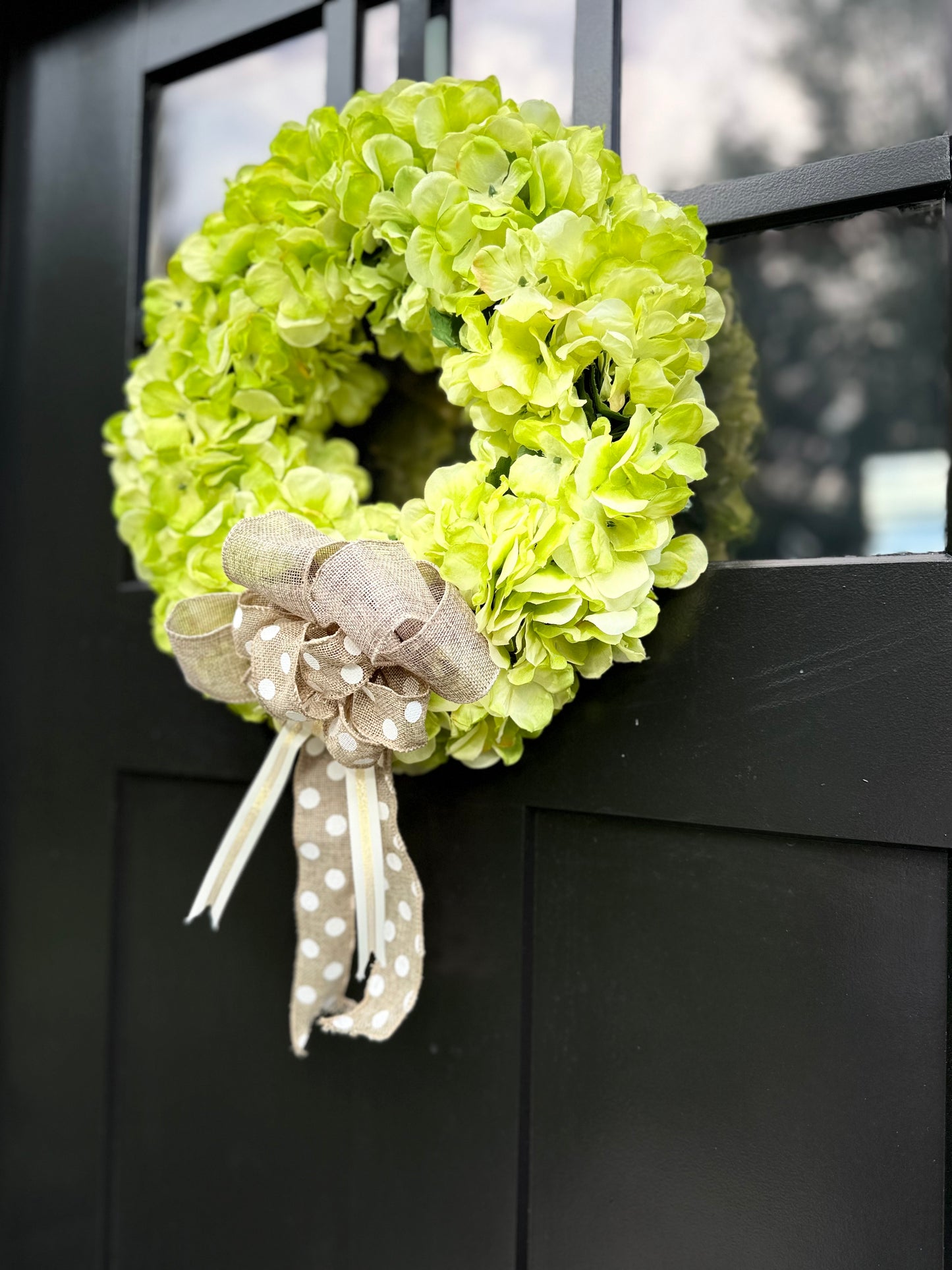 Green Hydrangea Wreath - Farmhouse Door Decor - All Seasons Front Door Wreaths - Burlap Handmade Bow