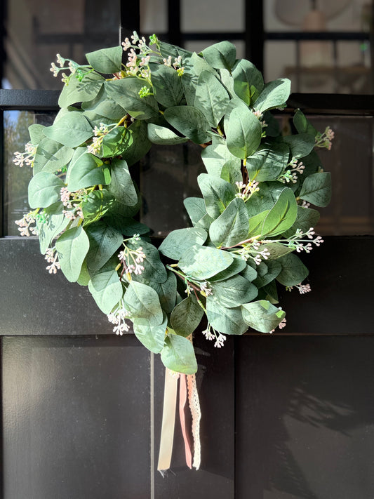 Eucalyptus Wreath with Pink Flowers: Year-Round Farmhouse Door Decor