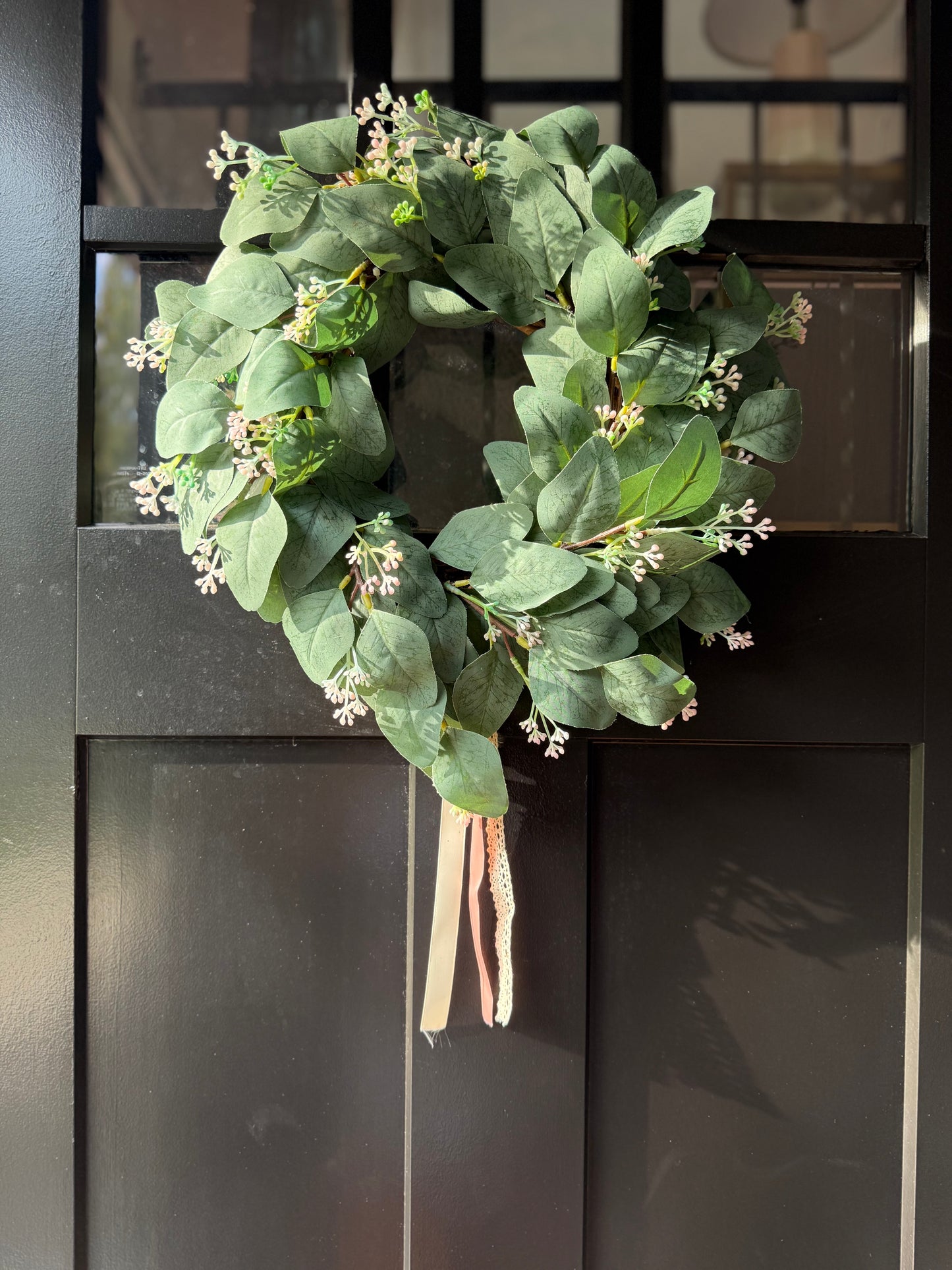 Eucalyptus Wreath with Pink Flowers: Year-Round Farmhouse Door Decor