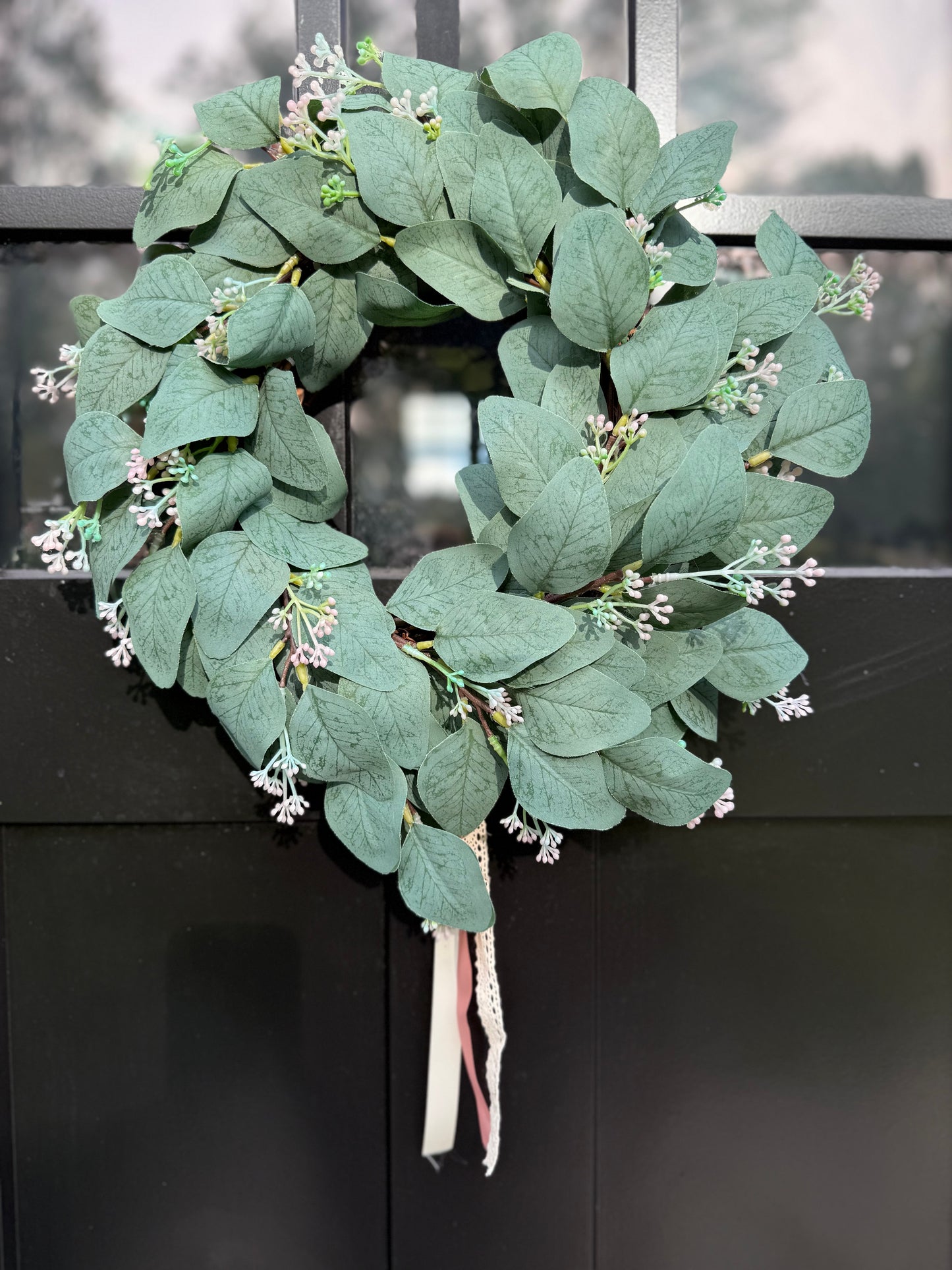 Eucalyptus Wreath with Pink Flowers: Year-Round Farmhouse Door Decor