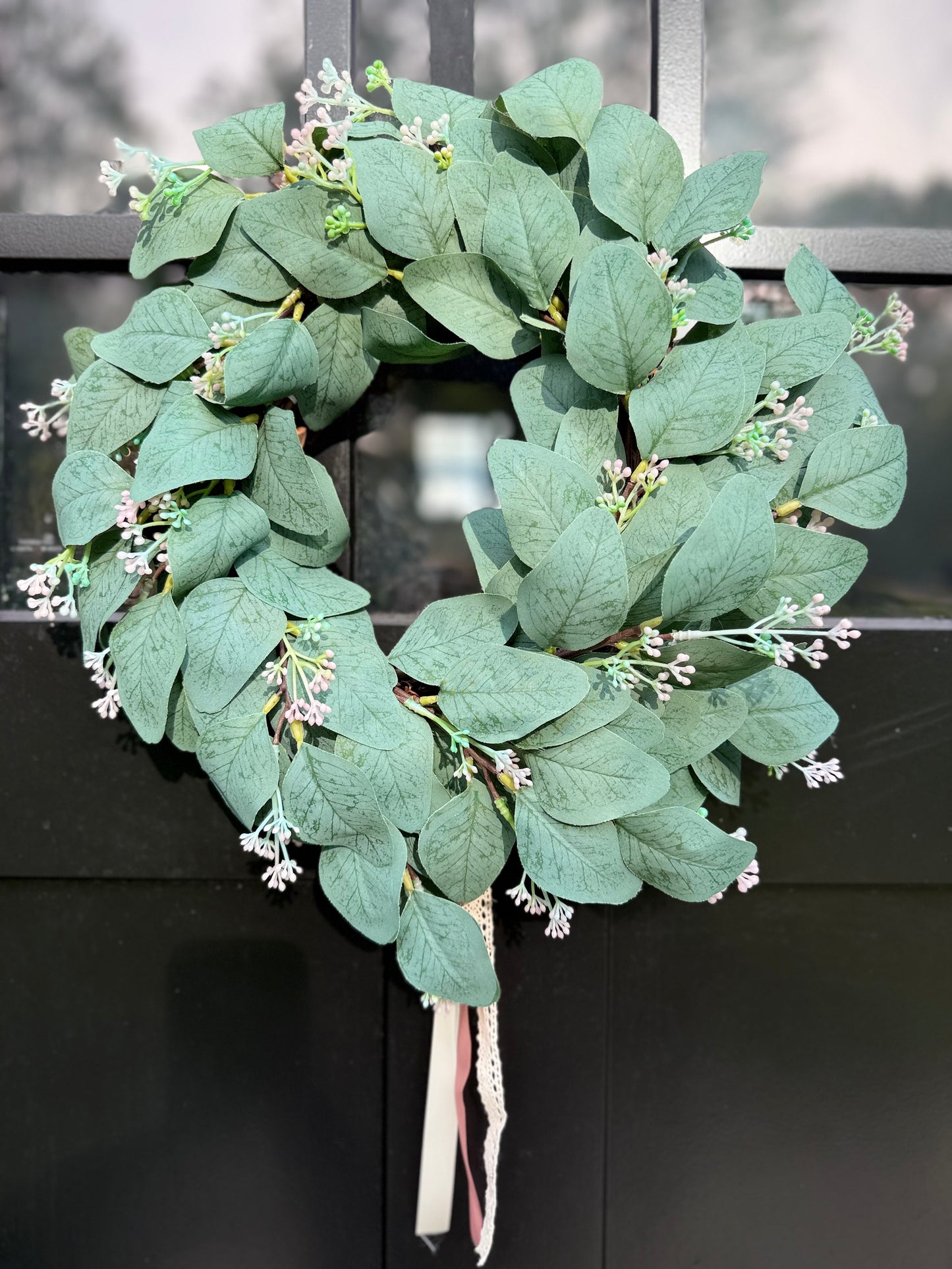 Eucalyptus Wreath with Pink Flowers: Year-Round Farmhouse Door Decor