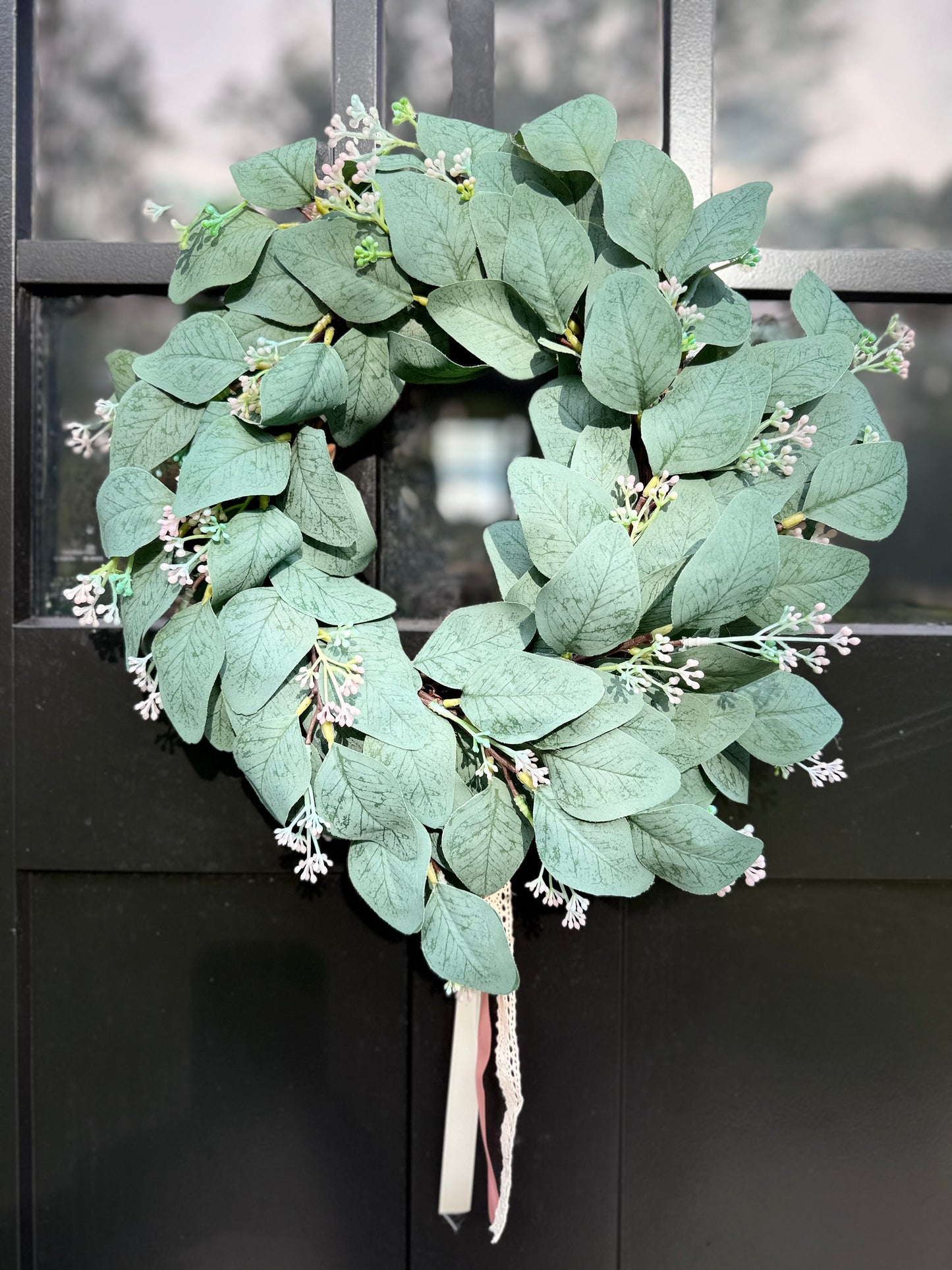 Eucalyptus Wreath with Pink Flowers: Year-Round Farmhouse Door Decor