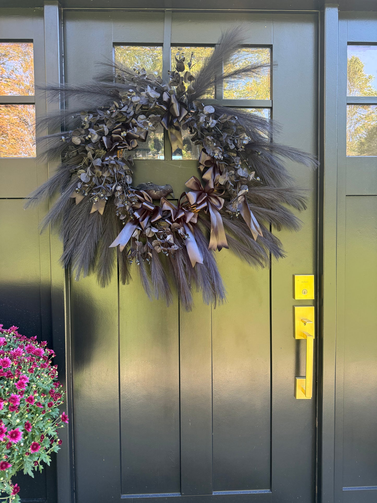 Black Gothic Halloween Wreath with Ribbons Crow & Eucalyptus Dark Elegant Front Door Decor Crow Halloween Spooky Decoration