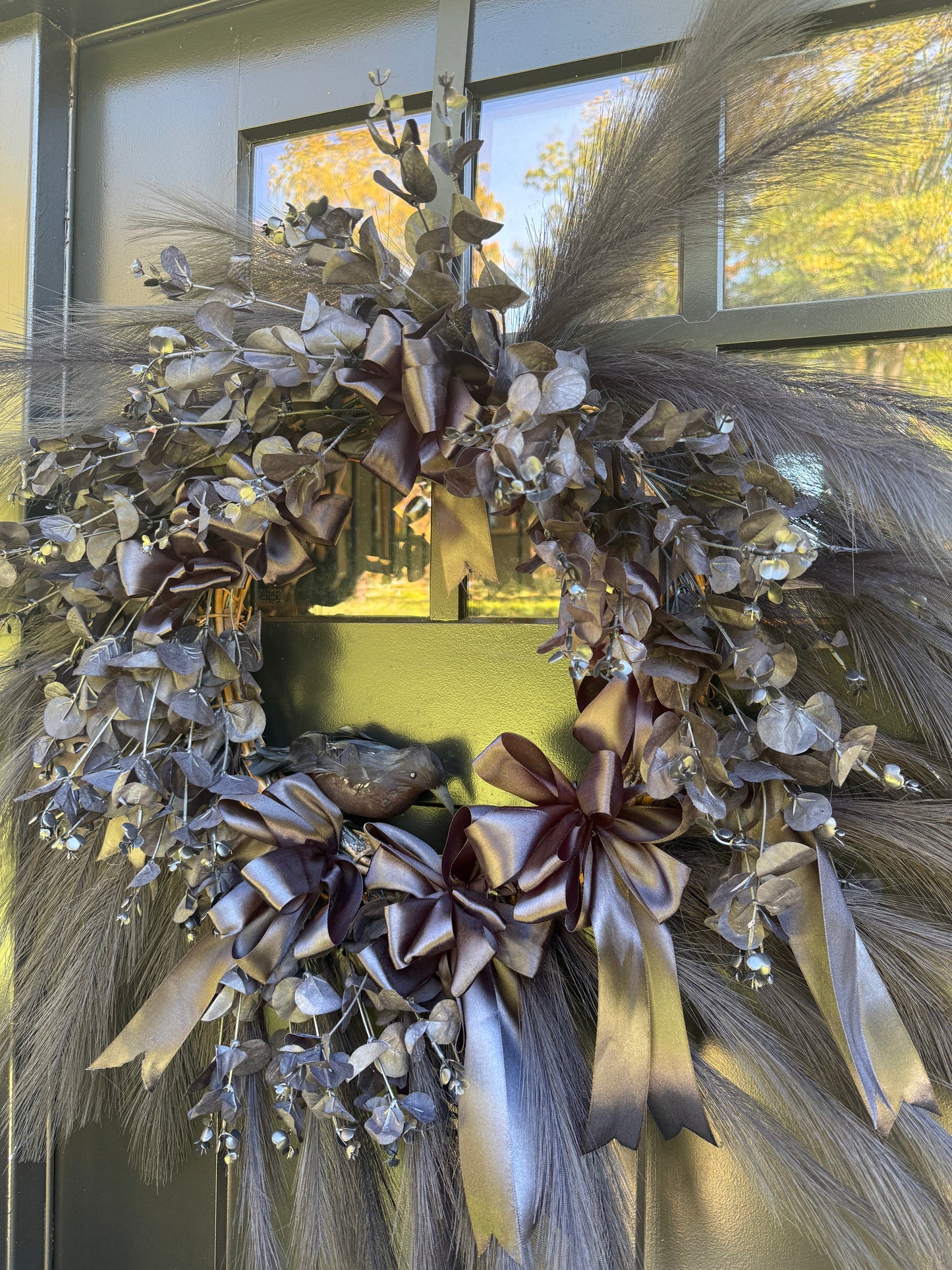 Black Gothic Halloween Wreath with Ribbons Crow & Eucalyptus Dark Elegant Front Door Decor Crow Halloween Spooky Decoration
