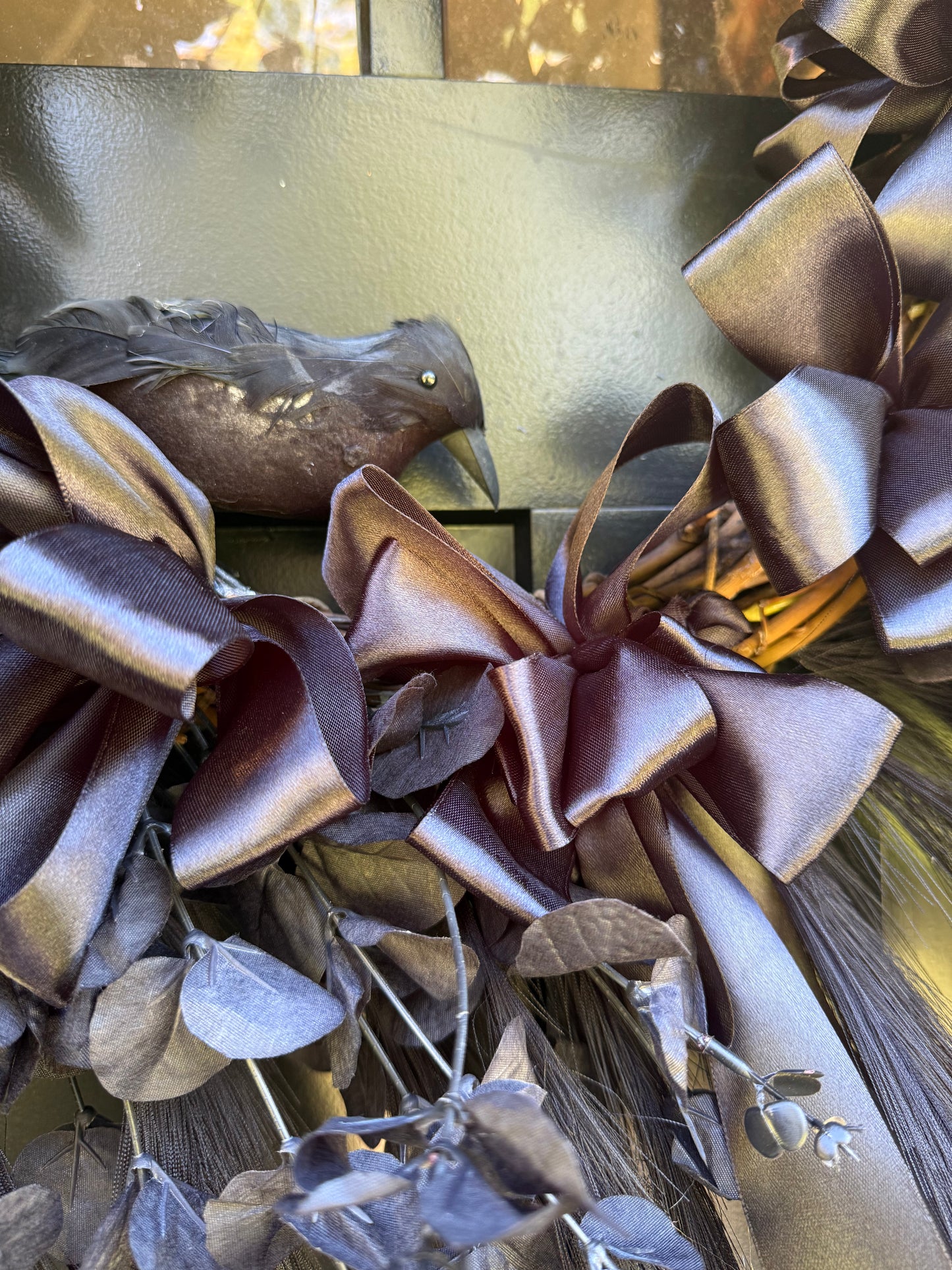Black Gothic Halloween Wreath with Ribbons Crow & Eucalyptus Dark Elegant Front Door Decor Crow Halloween Spooky Decoration