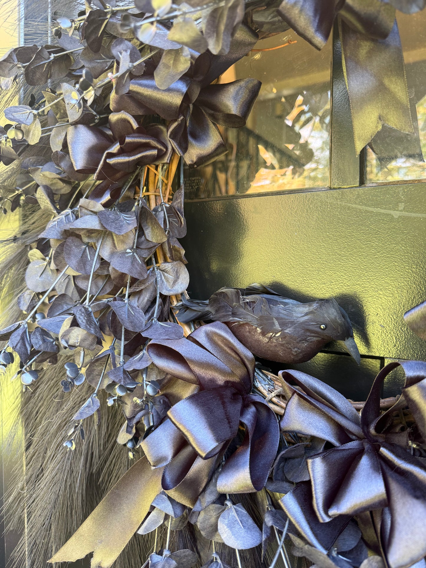 Black Gothic Halloween Wreath with Ribbons Crow & Eucalyptus Dark Elegant Front Door Decor Crow Halloween Spooky Decoration