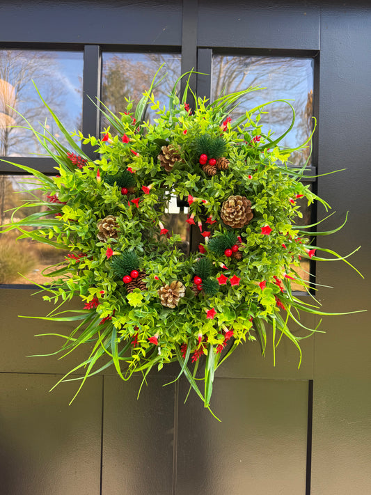 Christmas Greenery Wreath with Pinecones and Red Berries, Holiday Front Door Wreath, Winter Home Decor, Rustic Christmas Wreath, Artificial