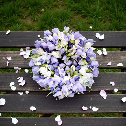 Purple & White Tulip Wreath - Spring Elegant Door Decor - Summer Floral Wreaths
